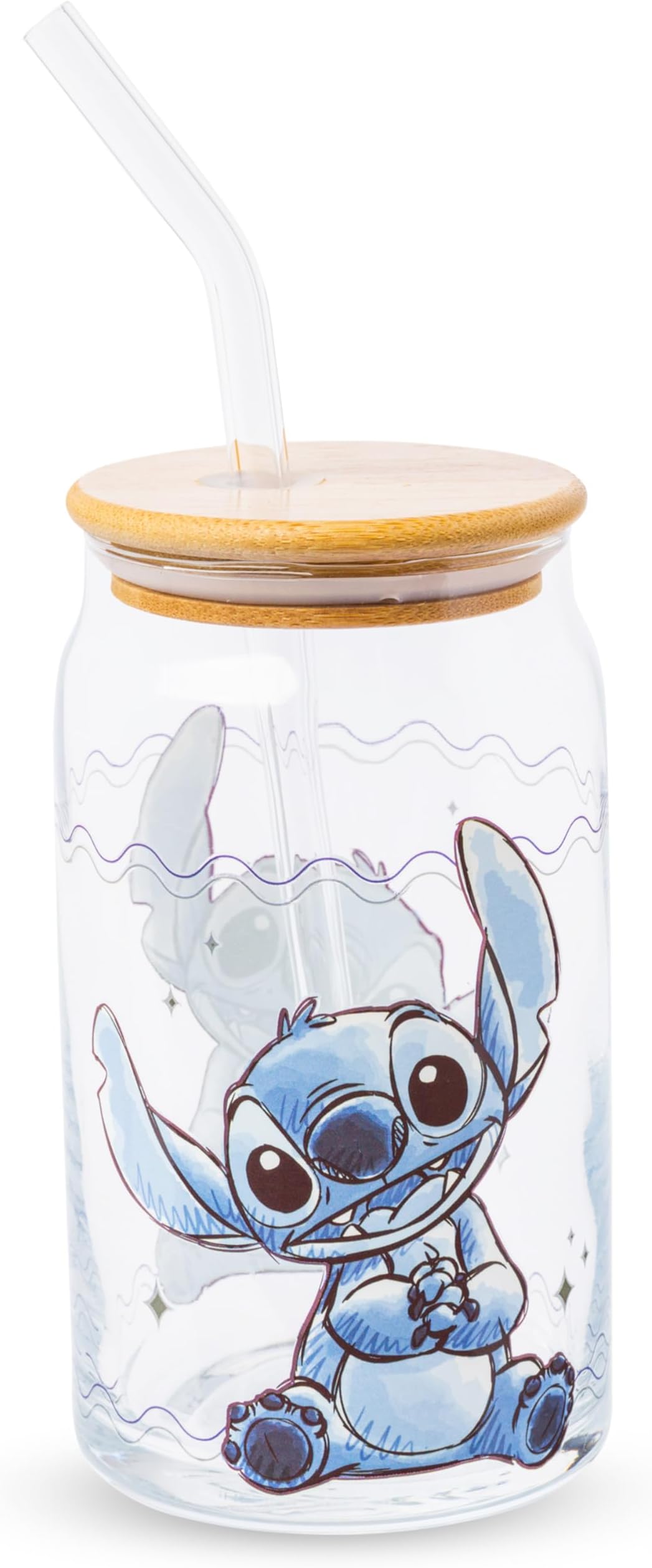 Silver Buffalo Disney Lilo and Stitch Sitting Glass Jar Tumbler with Bamboo Lid and Glass Straw, 16 Ounces