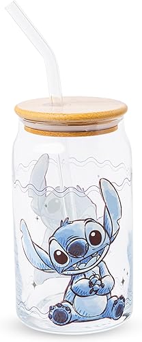 Silver Buffalo Stitch Blogger Good Day Sparkles - Vaso de vidrio con tapa de bambú y popote de vidrio, 16 onzas