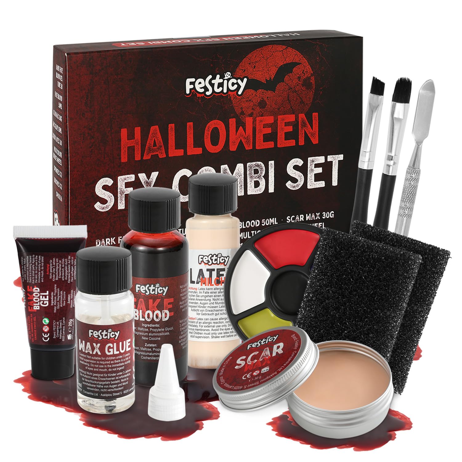Festicy Specjalny zestaw do makijażu na Halloween, SFX, kompletny zestaw ze sztuczną krwią, lateksem, woskiem do blizn i akcesoriami, sztuczna krew do skóry i ubrań, na Halloween, do przerażających