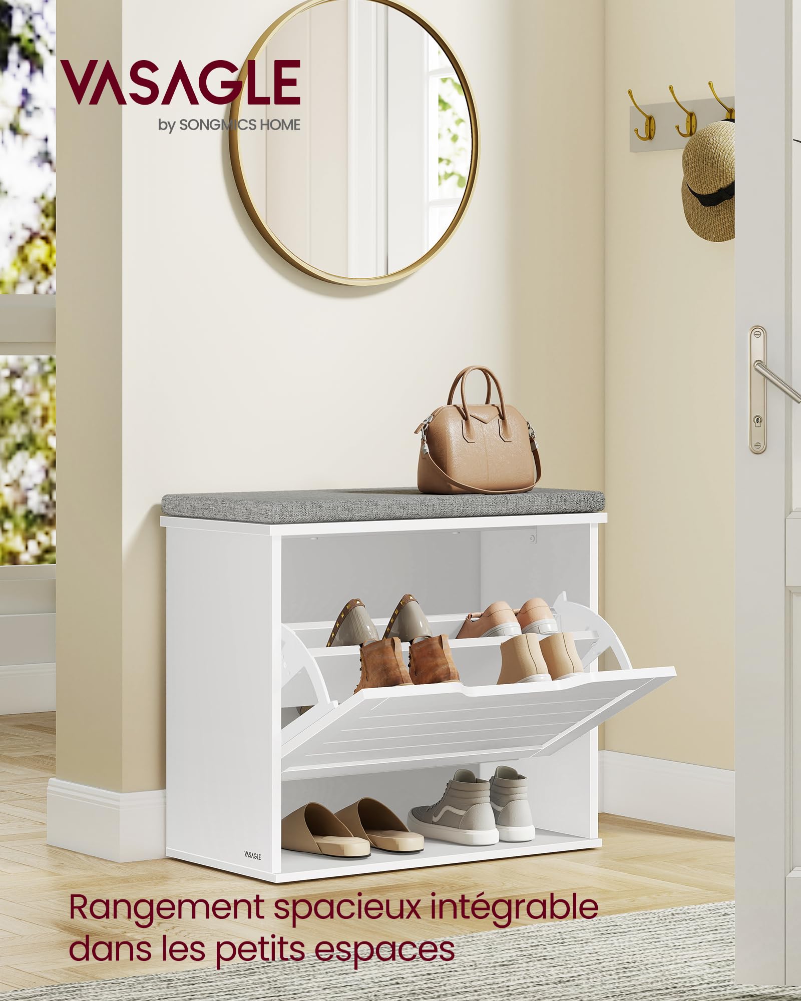 VASAGLE Banc à Chaussures Rembourré, Meuble d’Entrée sur 3 Niveaux pour 6 Paires de Chaussures, Tiroir Rabattable, 30 x 60 x 53,5 cm, pour Entrée, Chambre, Blanc Nuage et Gris Tourterelle LSB121WB01