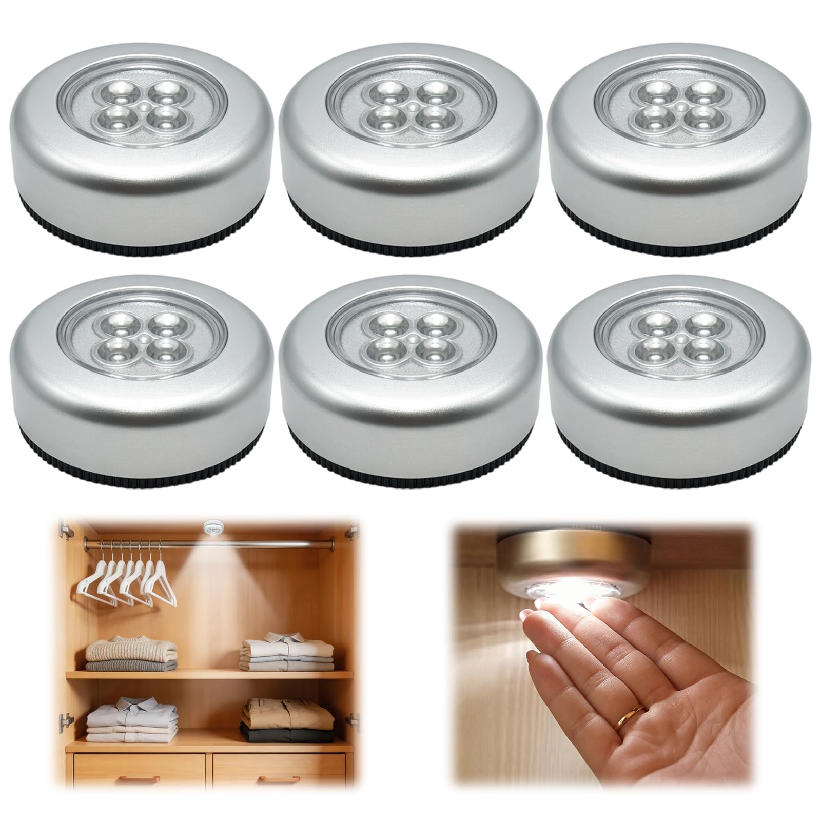 Lyai 6 Pack Wireless LED Push Lights, Battery-Powered Touch Lamp with 4 LEDs, Self Adhesive Installation, Compact, Energy-Efficient, Portable for Cupboards, Stairs, Hallways, Storage Rooms