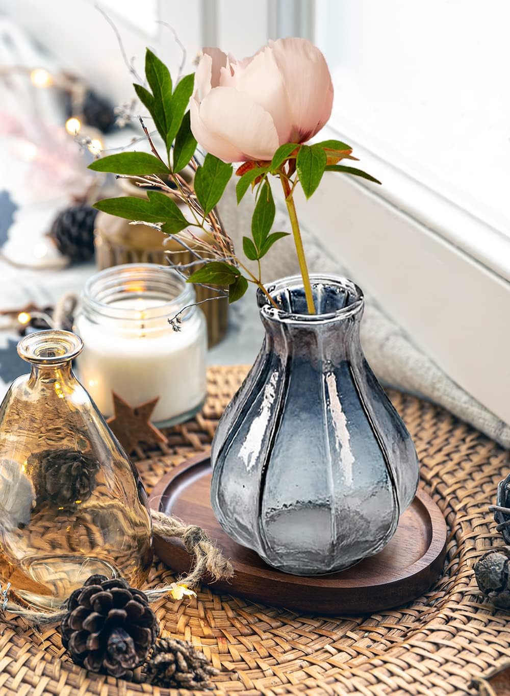 Serene Spaces Living Set of 4 Scalloped Glass Bud Vase, Smoke Blue Vintage Glass Vase for Weddings, Events, Parties, Floral Centerpieces for Home Decor, 3.25" Diameter & 4" Tall