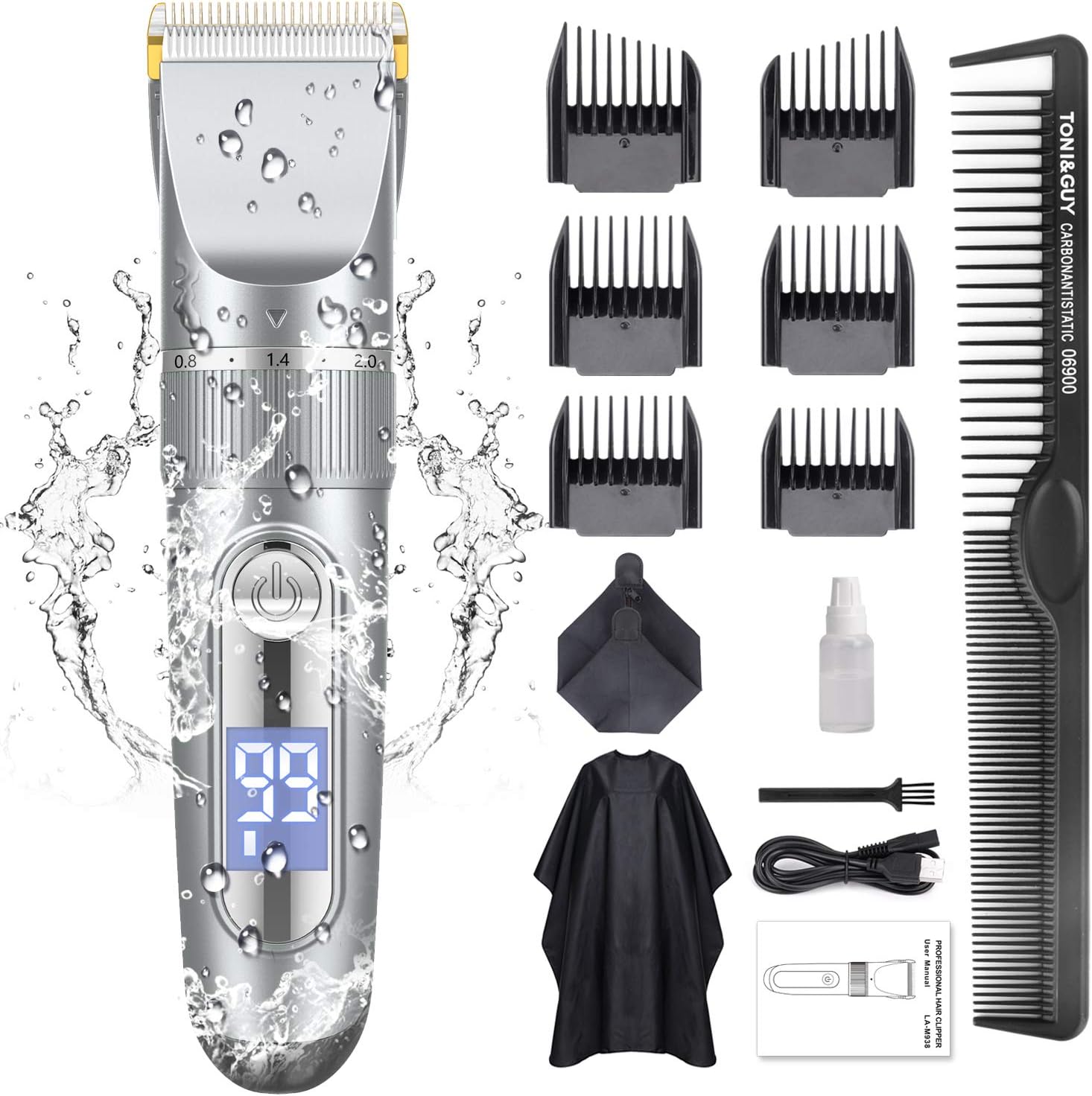 ADOKEY Professional Hair Clippers for Men Cordless Hair Trimmer Clippers Set Electric Haircut Kit Beard Shavers USB Rechargeable with LED Display IPX7 Waterproof Lithium Battery Ceramic Blade