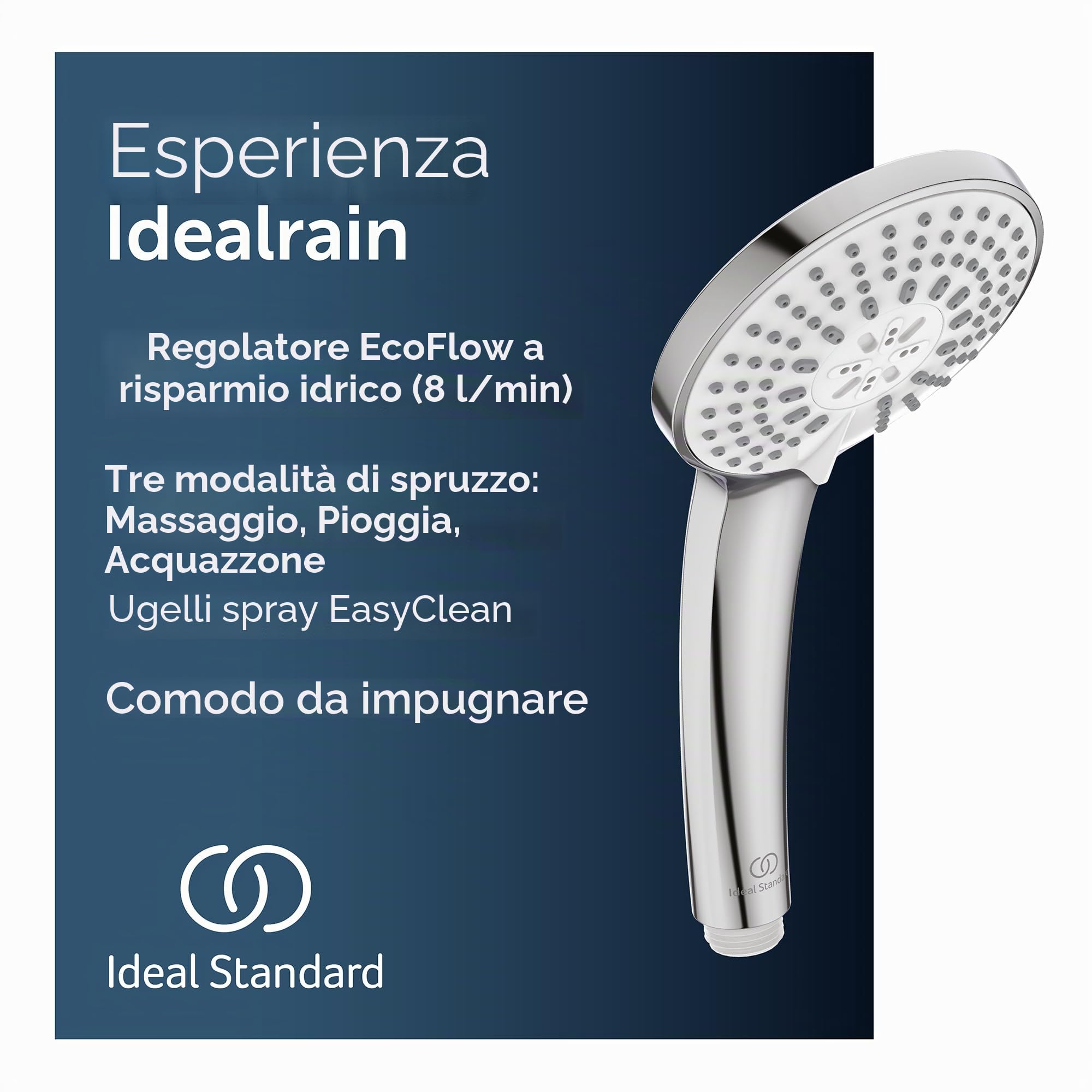 Ideal Standard Idealrain Doccia Multifunzione Soffione Doccia a Risparmio Idrico 3 Tipi Getto Cromato Ø 10 cm