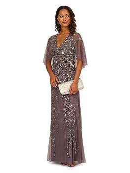 ADRIANNA PAPELL ビジューロングドレス Amazon.com: Adrianna Papell Women's Beaded Cape Sleeve Long