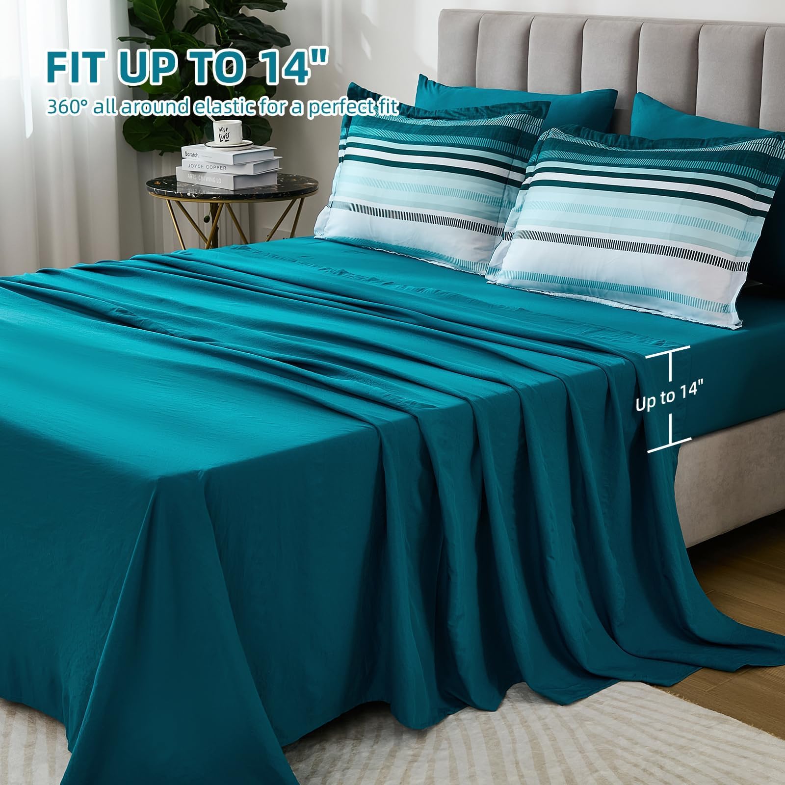 Dobuyly Bettwäsche-Set für Queen-Size-Betten, 7-teilig, blaugrün, gestreift, Boho, gestreift, Queen-Size-Größe, weiche Mikrofaser, Ganzjahres-Bettwäsche-Set mit Bettdecke, Laken, Kissenbezügen und
