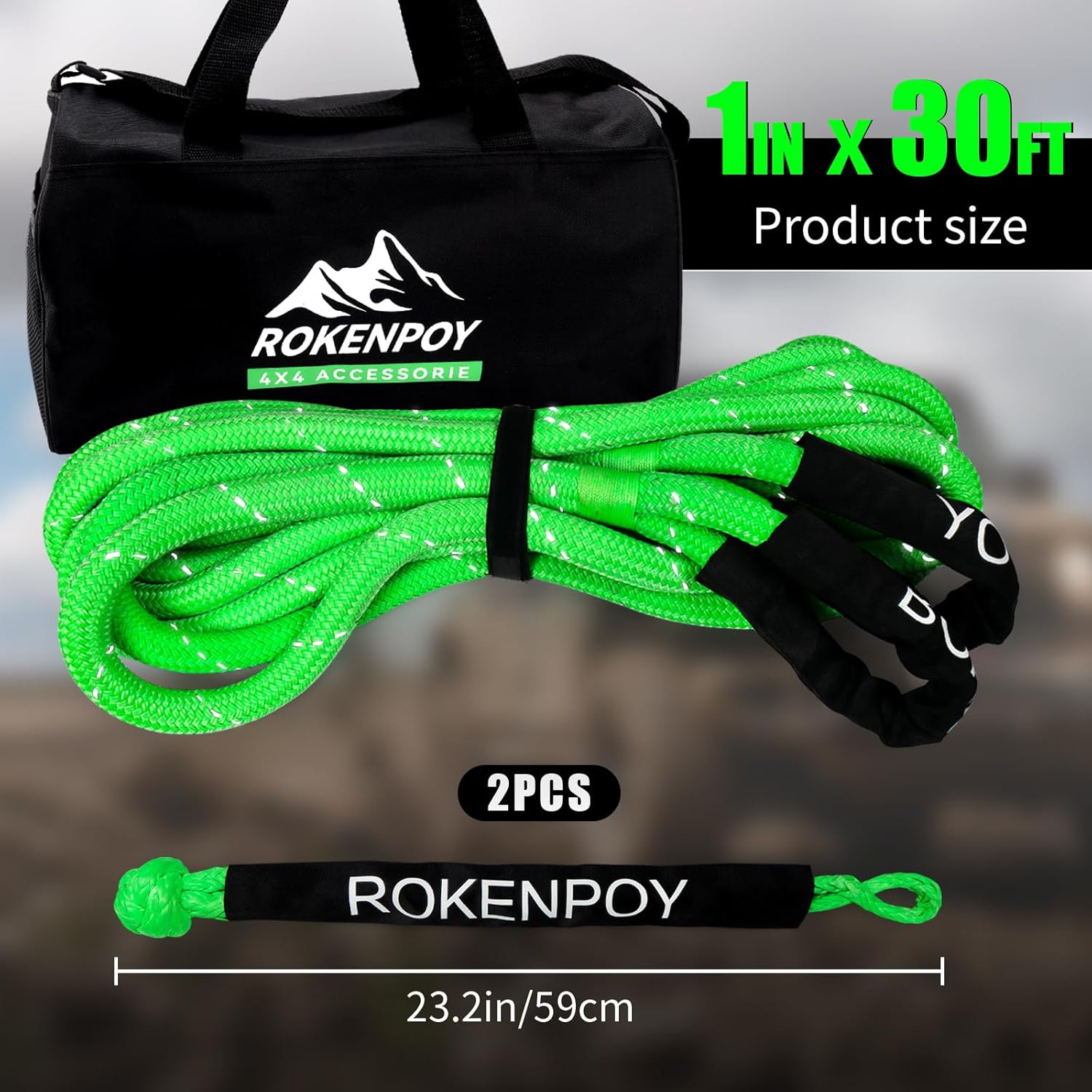 1" x 30ft Heavy-Duty Kinetic Recovery Rope(Reflective)，2 Soft Shackles,30% Elasticity Offroad Power Strap for Truck Jeep Car ATV UTV Tractor(48000Lbs)