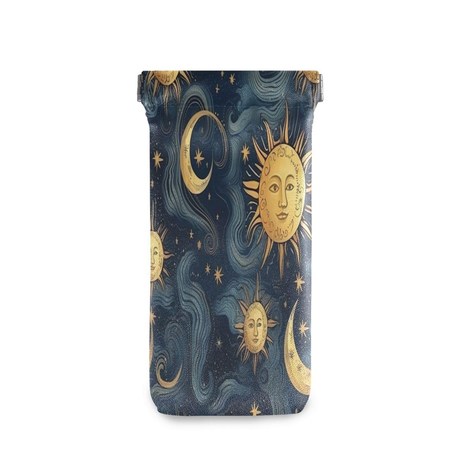 FLildon Sun and Moon Eyeglasses Pouch Squeeze Top Sunglasses Case Soft PU Leather Eyeglass Bag for Men Women