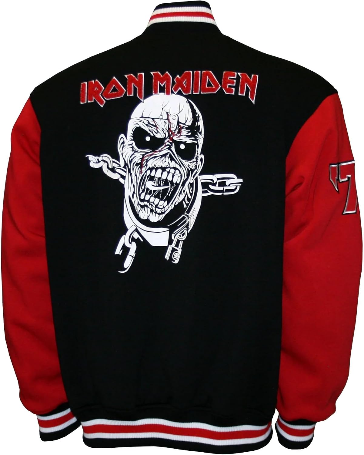 2Bhip Iron Maiden Varsity Jacket - Men's '75 Black/Red Fleece Snap-up Letterman Jackets - Everyday Outwear