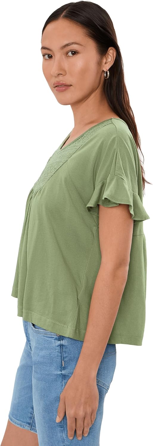 Liverpool Los Angeles Petite Flutter Sleeve Woven to Knit Top with Embroidery