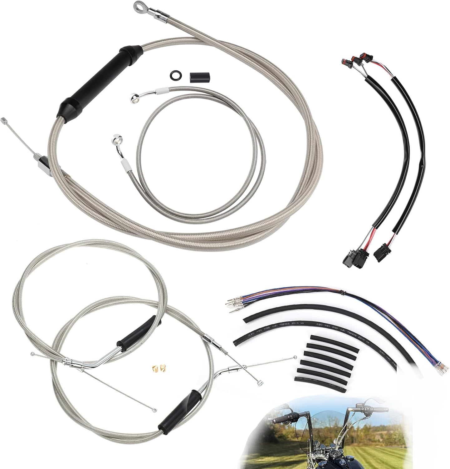 16" Ape Hanger Dyna Cables Kit Handlebar Extended CAN-Bus/Turn Signal Wires/Clutch/Throttle Cables/Brake Line for 2012-2017 Non-ABS Street Bob Super Wide Glide Switchback Models(Chrome)