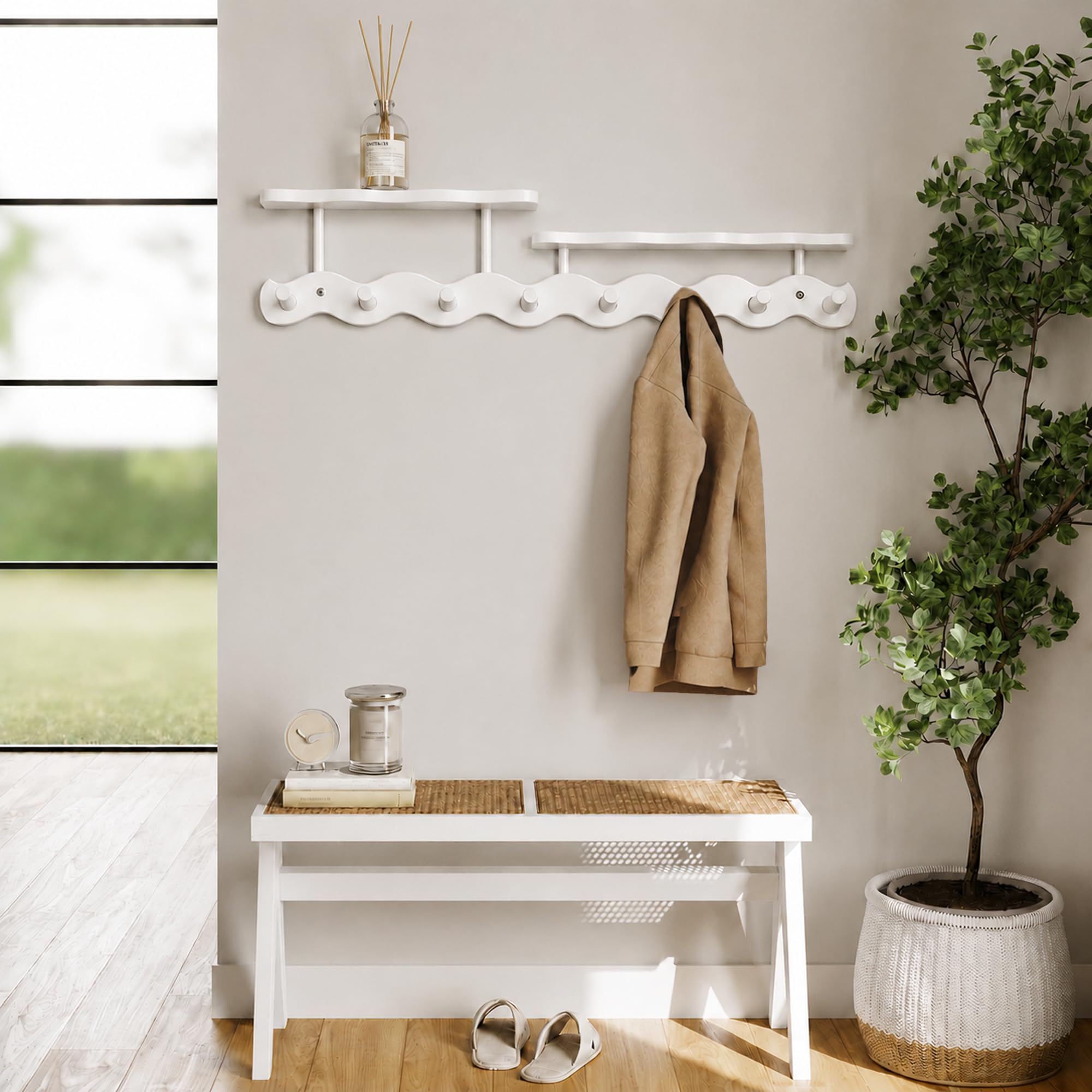 Wandgarderobe mit Ablage, Wandgarderobe, garderobenleiste weiß, Garderobenleiste mit 8 Haken für Flure, Hakenleiste Garderobe für Eingang, Flur, Wohnzimmer und Schlafzimmer (72cm)