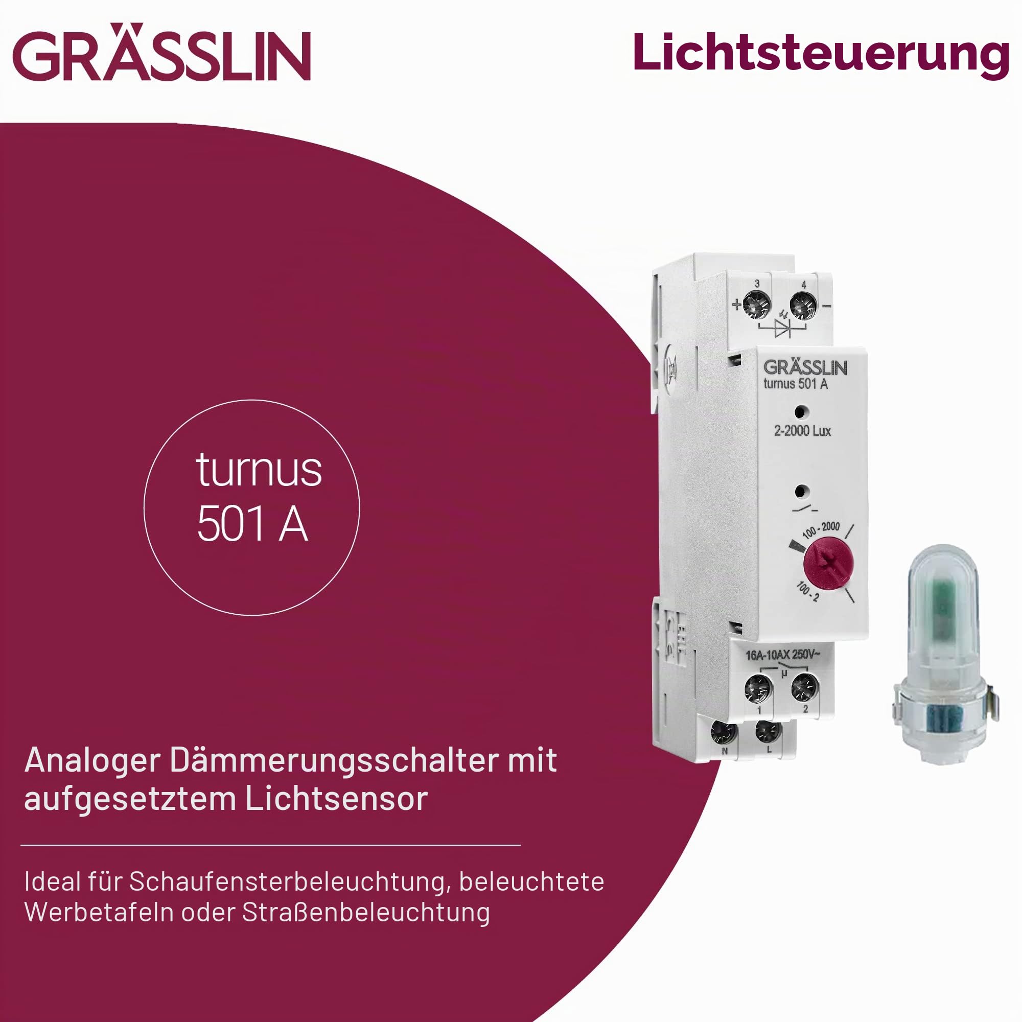 18.18.0013.1 Turnus 501 A Dämmerungsschalter DIN-Schiene 1 TE 230V | Hutschienenmontage, externer Sensor für Aufputz-/Aufbaumontage, 1 Kanal, 1 TE, 2–2000 lx, 20/80 s Verzögerung, Sensor IP 55