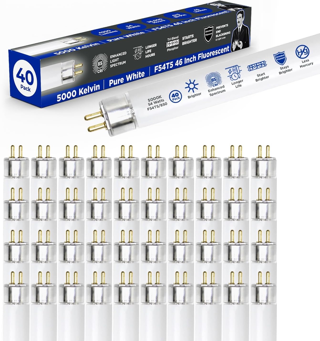 GoodBulb F54T5/830/ECO 54W 46 Inch T5 Fluorescent Light Bulb, 3000K Warm White Medium Bi-Pin Base, 4950 Lumens 85 CRI 36000 Life Hours, Instant/Programmed Start (40 Pack)