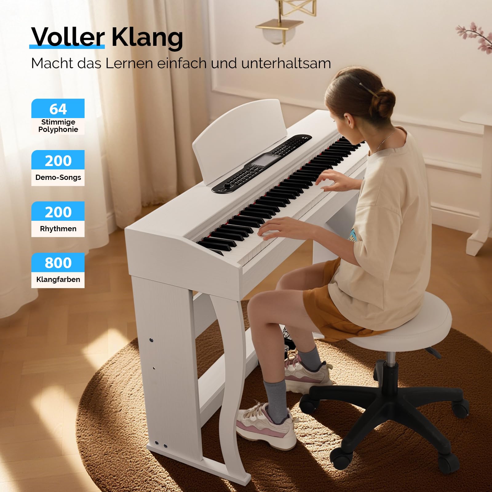 Bonnlo Piano digital con 88 teclas ponderadas, piano electrónico con unidad de 3 pedales para principiantes, MIDI USB, doble Bluetooth, pantalla LCD, altavoces estéreo, 800 sonidos y 200 ritmos, color