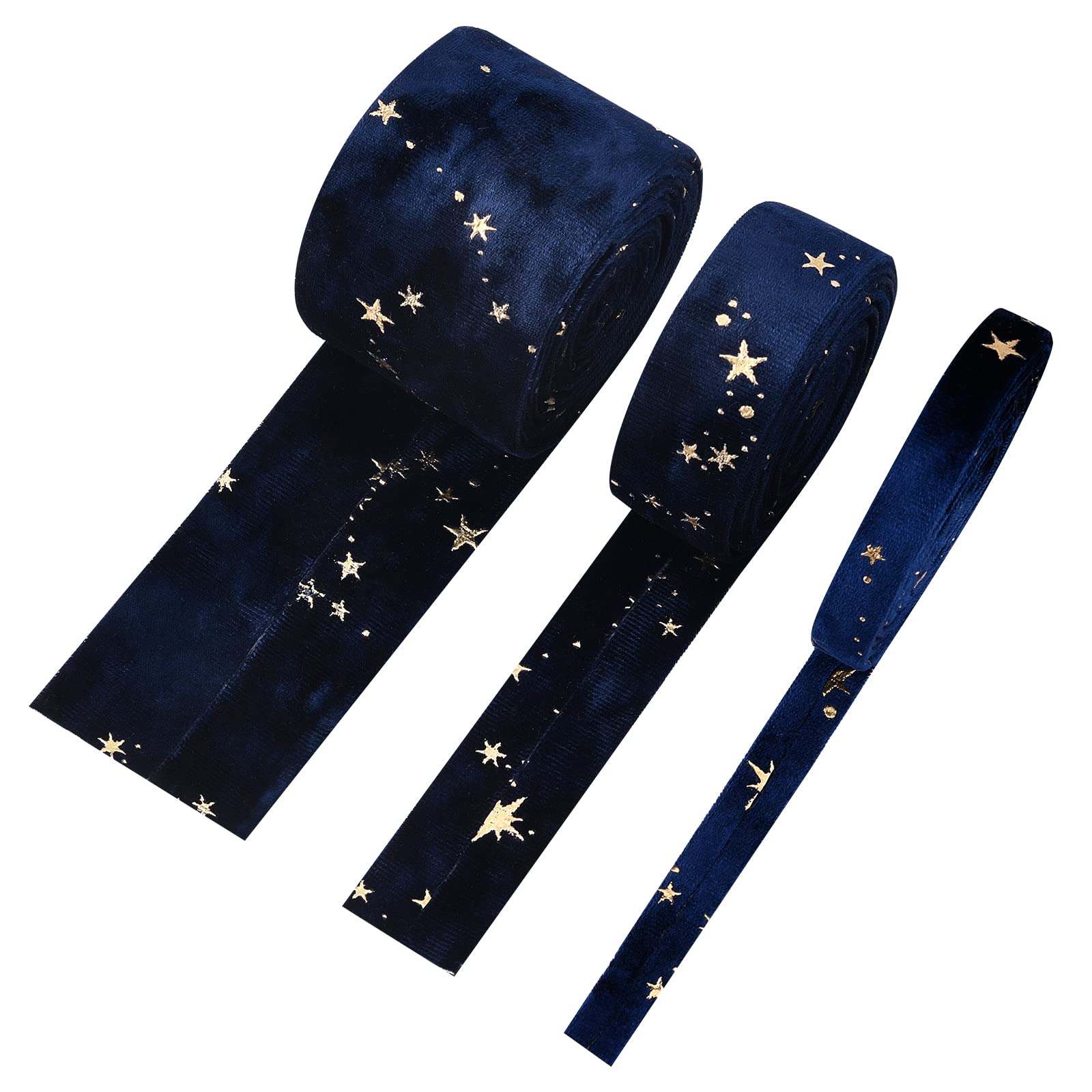 BENECREAT 6.6 Yards 3 Sizes Velvet Ribbons with Star Pattern Drak Blue Double Faced Velvet Ribbon for Sewing Craft, Mother's Day Festival Gift Package (3/8 inch, 1 inch, 2 inch)