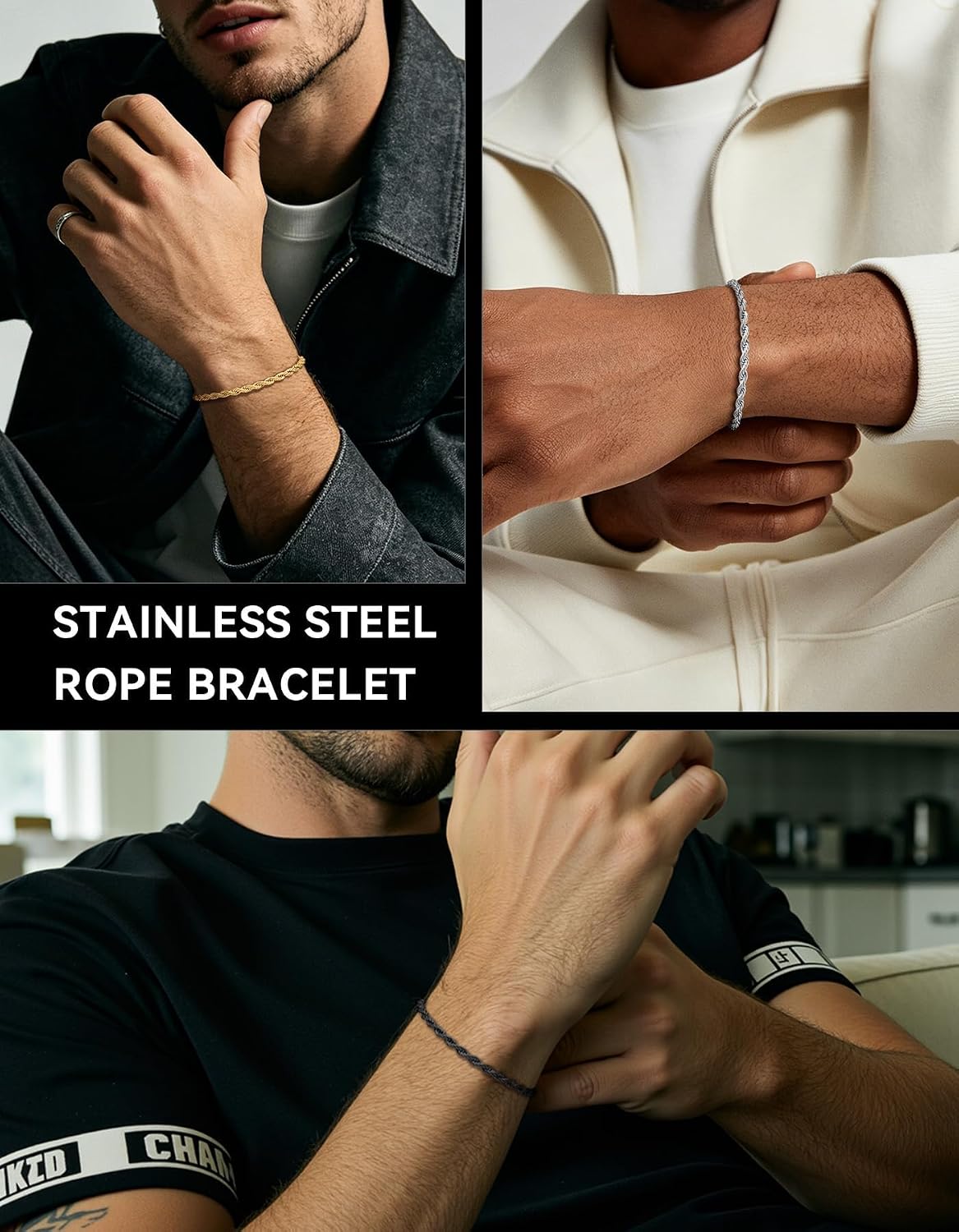 ChainsHouse Stainless Steel Twisted Rope Chain Bracelet for Men, Silver/Black/14K Gold Plated Link Bracelet, 3MM/6MM, 7.5"/8.3"/9" Lengths, Gift Box Included