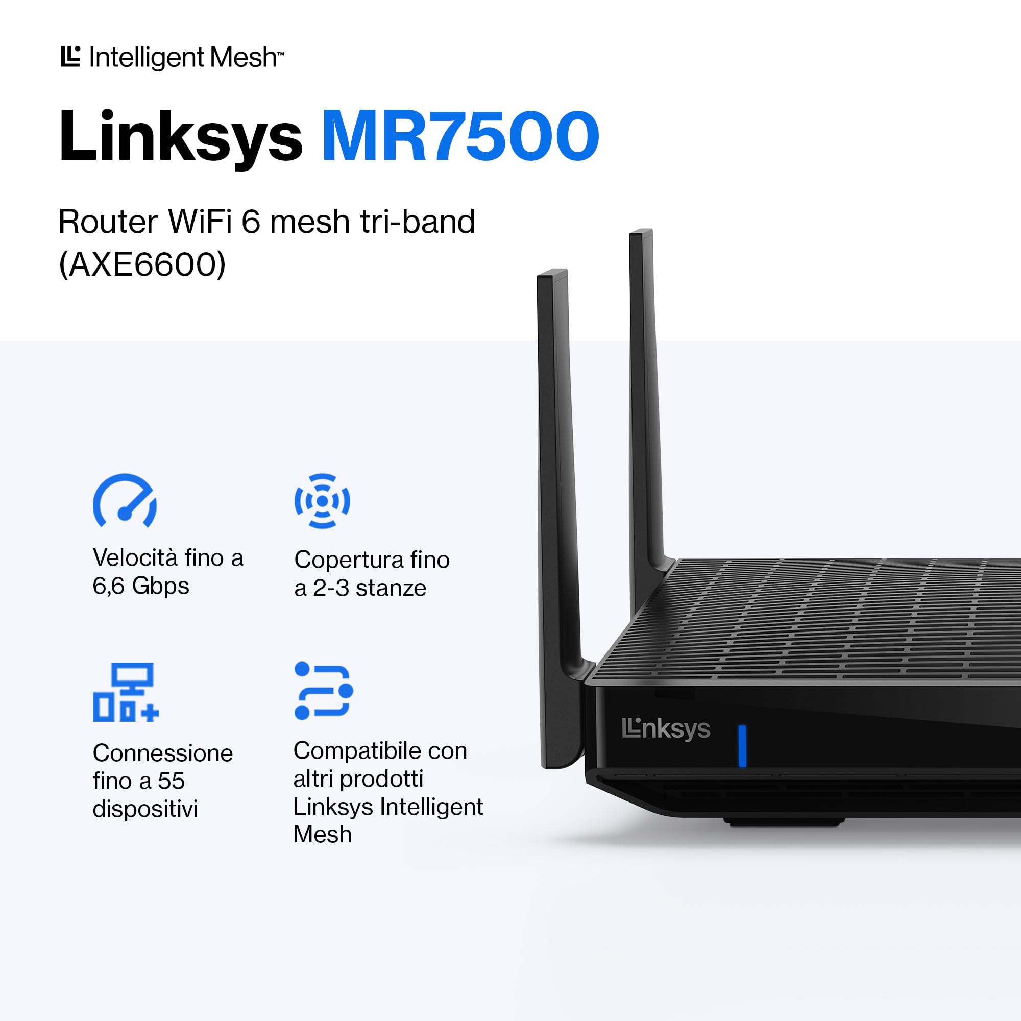 Linksys Router Wifi mesh Tri-Band Hydra Pro 6E, wireless, accesso alla banda 6 GHz, velocità massima 6.6 Gbps, copertura 250 m², piu 55 dispositivi