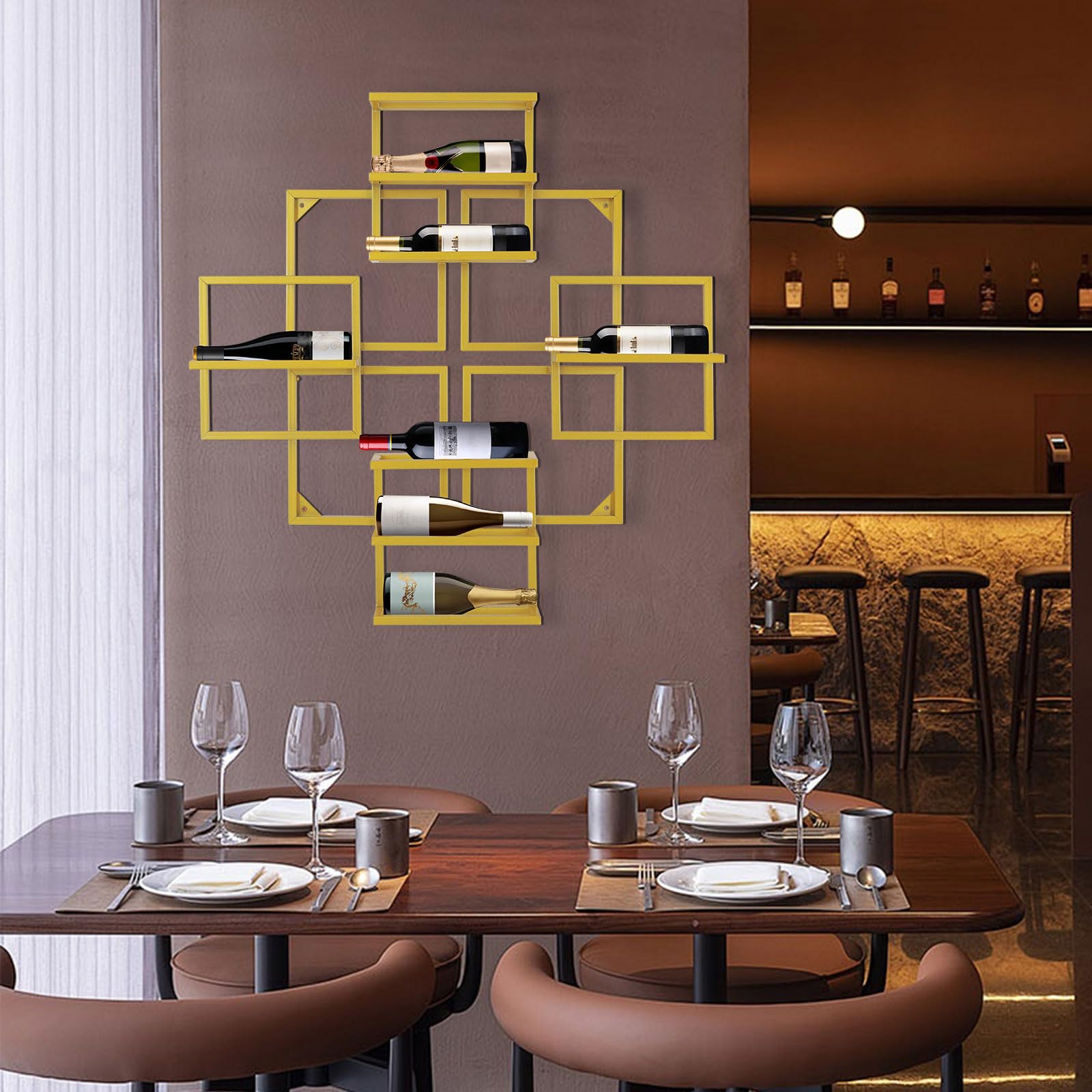 banborba 8 Bottle Wine Rack Wall Mounted - Wall Wine Rack, Geometric Liquor Bottle Display Shelf, Gold Metal Wine Bottle Holder for Home Bar, Wine Kitchen Storage
