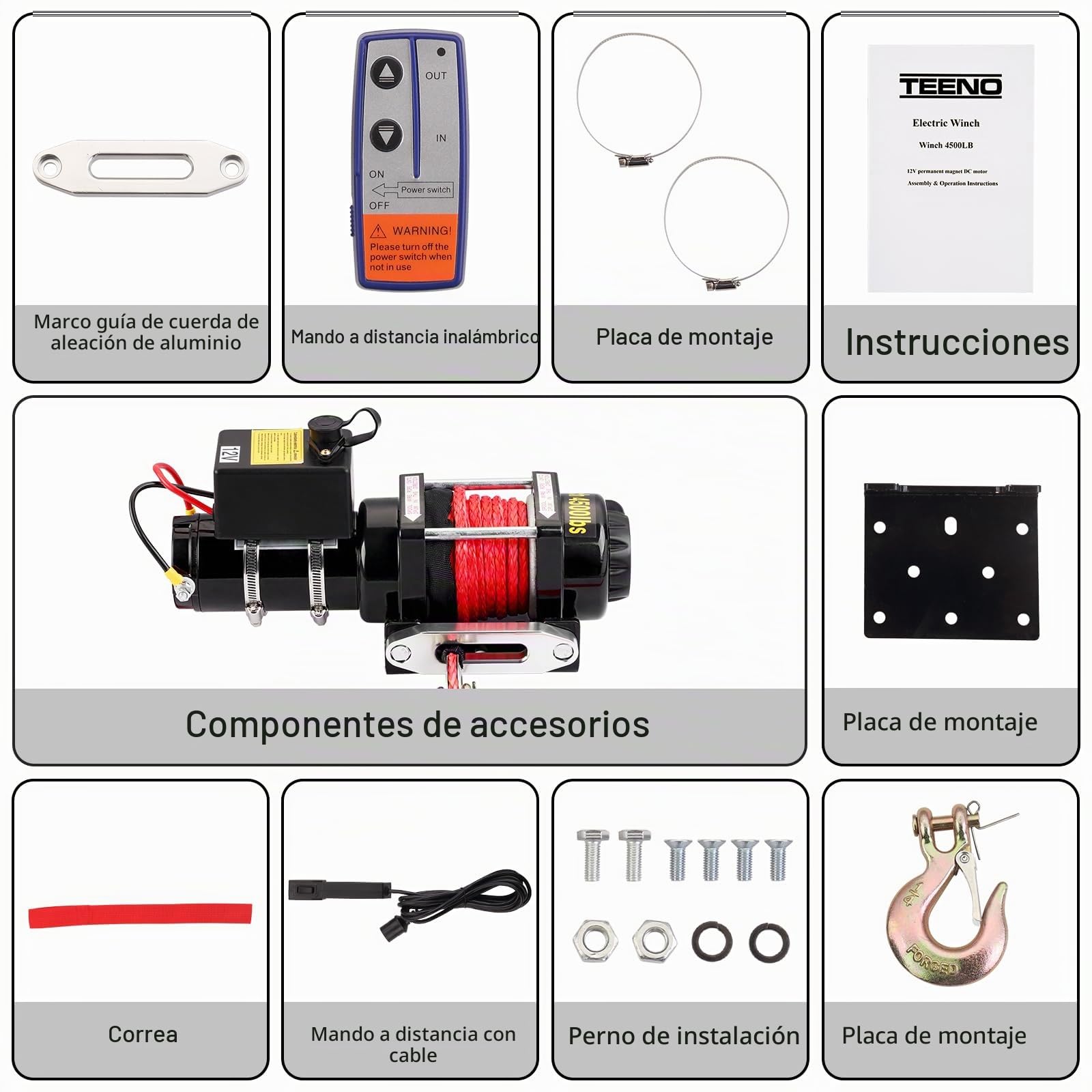 TEENO Cabrestante Eléctrico 12V 4 500 LBS / 2041 Kg, Cuerda Sintética 5.5 mm x 10 m, Control Remoto Inalámbrico Cabrestante de Cuerda de Nylon con Controlador por Cable