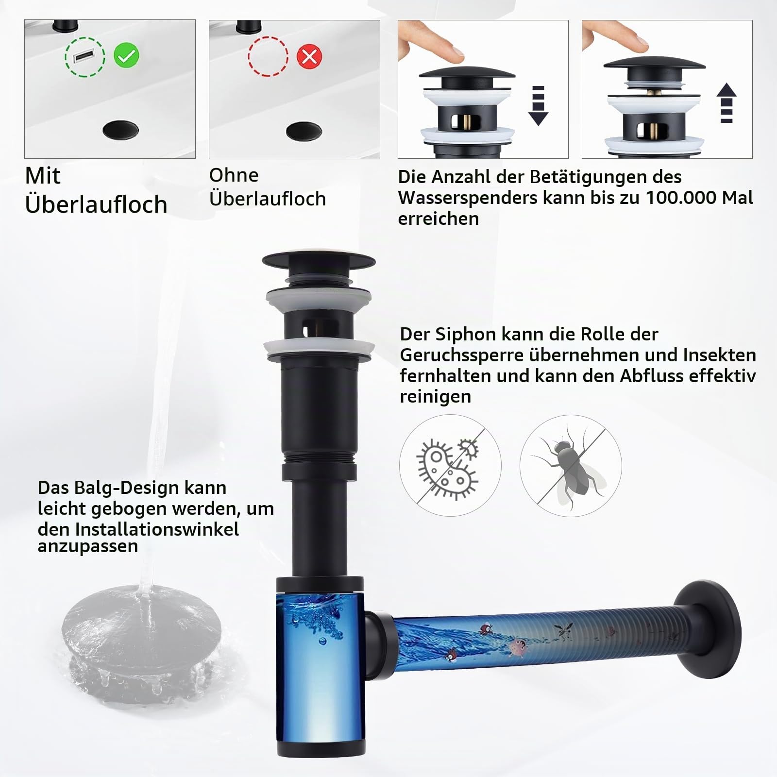 HOMELODY Design Siphon mit Pop Up Ventil Ablaufgarnitur für Waschbecken Schwarz Matt, Universal Messing Siphon, Waschbecken Stöpsel，Geruchsverschluss mit Reinigungsöffnung