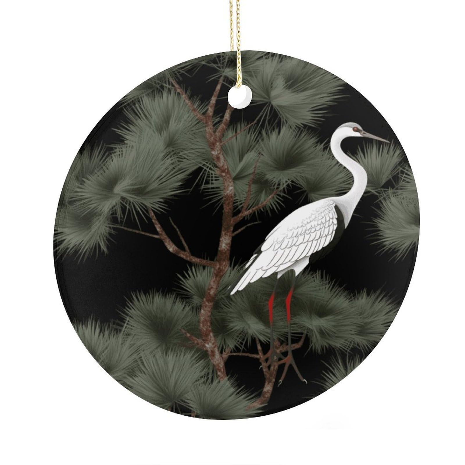 Fekiloot Style Japanese Crane & Pine Christmas Ornaments 2.9 Inch Round Ceramic Ornament Keepsake Thank You Gifts For Office, Room, Home - Holiday Present Ideas