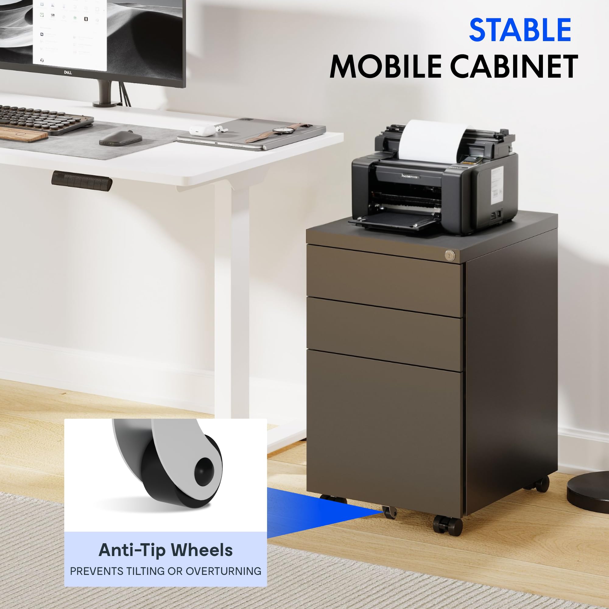 FLEXISPOT schedario con 3 cassetti, cassettiera da ufficio nera con ruote, armadietto con serratura e sistema anti-ribaltamento, mobiletto porta documenti per casa e ufficio