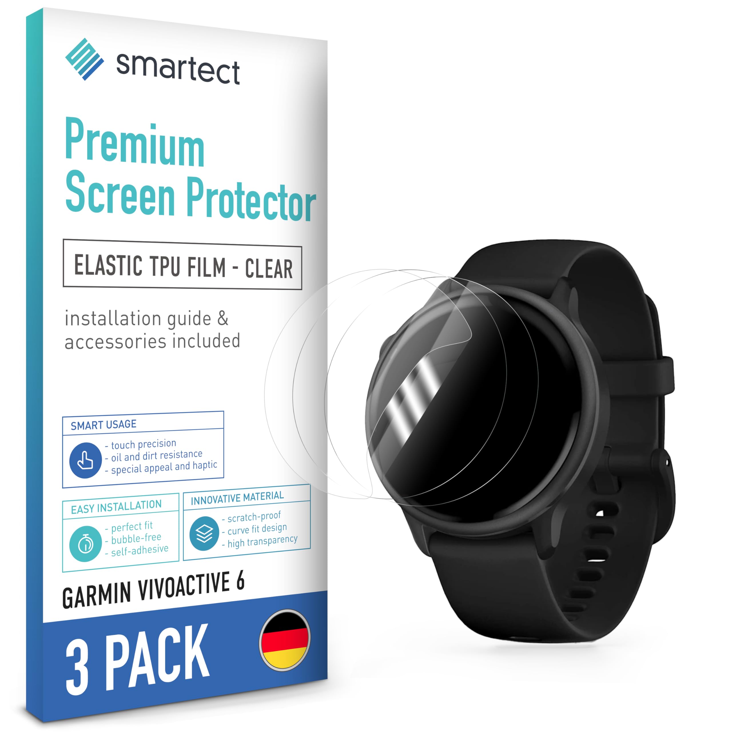 smartect TPU Protector Pantalla 3 Piezas para Garmin Vivoactive 6 | Película Protectora HD Antiarañazos, Ultra Transparente, Sin Burbujas, Compatible Huella Digital, Compatible Funda
