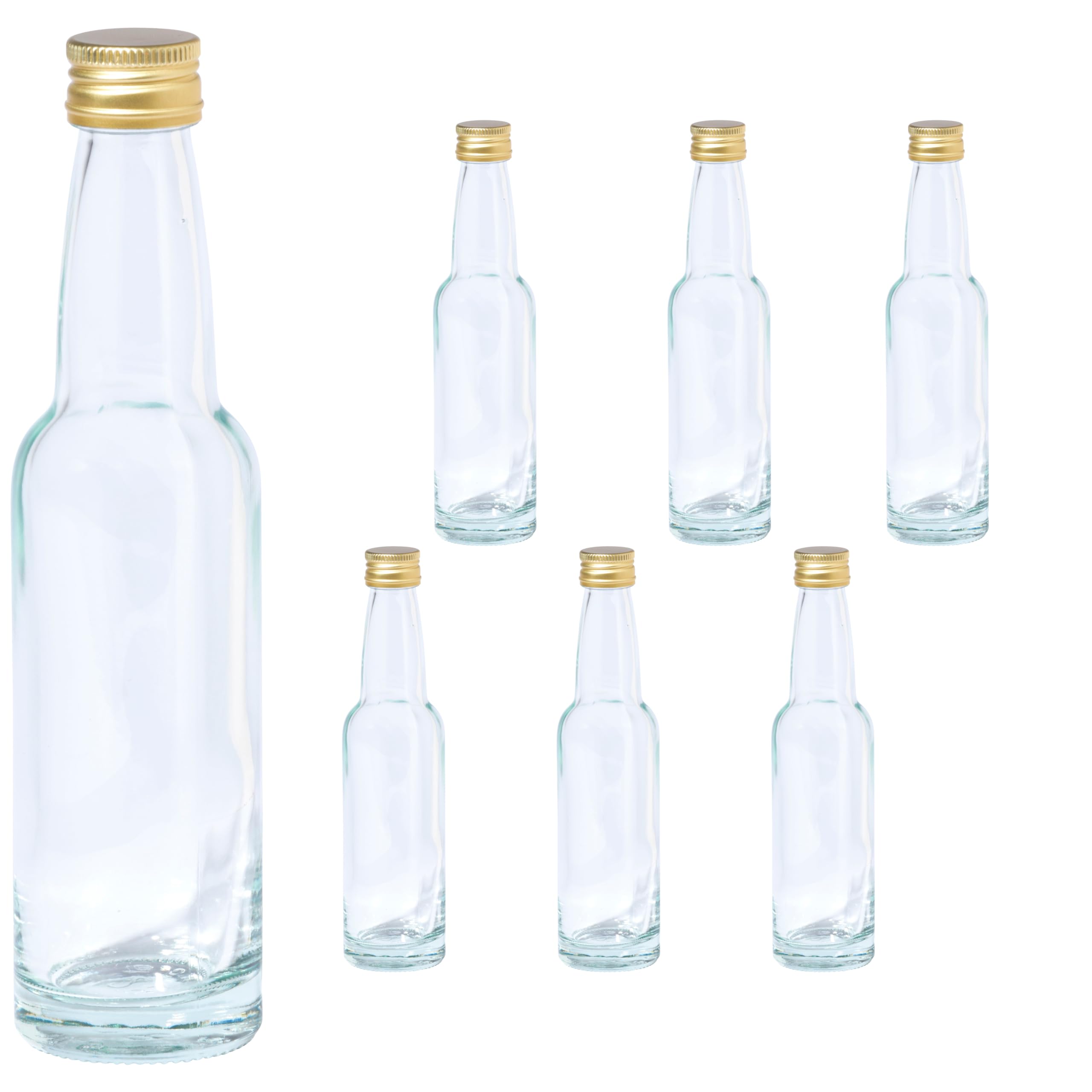 Vitrea 6 leere Glasflaschen 100ml Schraubverschluss Gold - kleine Flaschen zum Befüllen mit Deckel - für Saft, Getränke, Likör, Öl, Saucen, Sirup - 6 Stück, PP22, Kropfhals