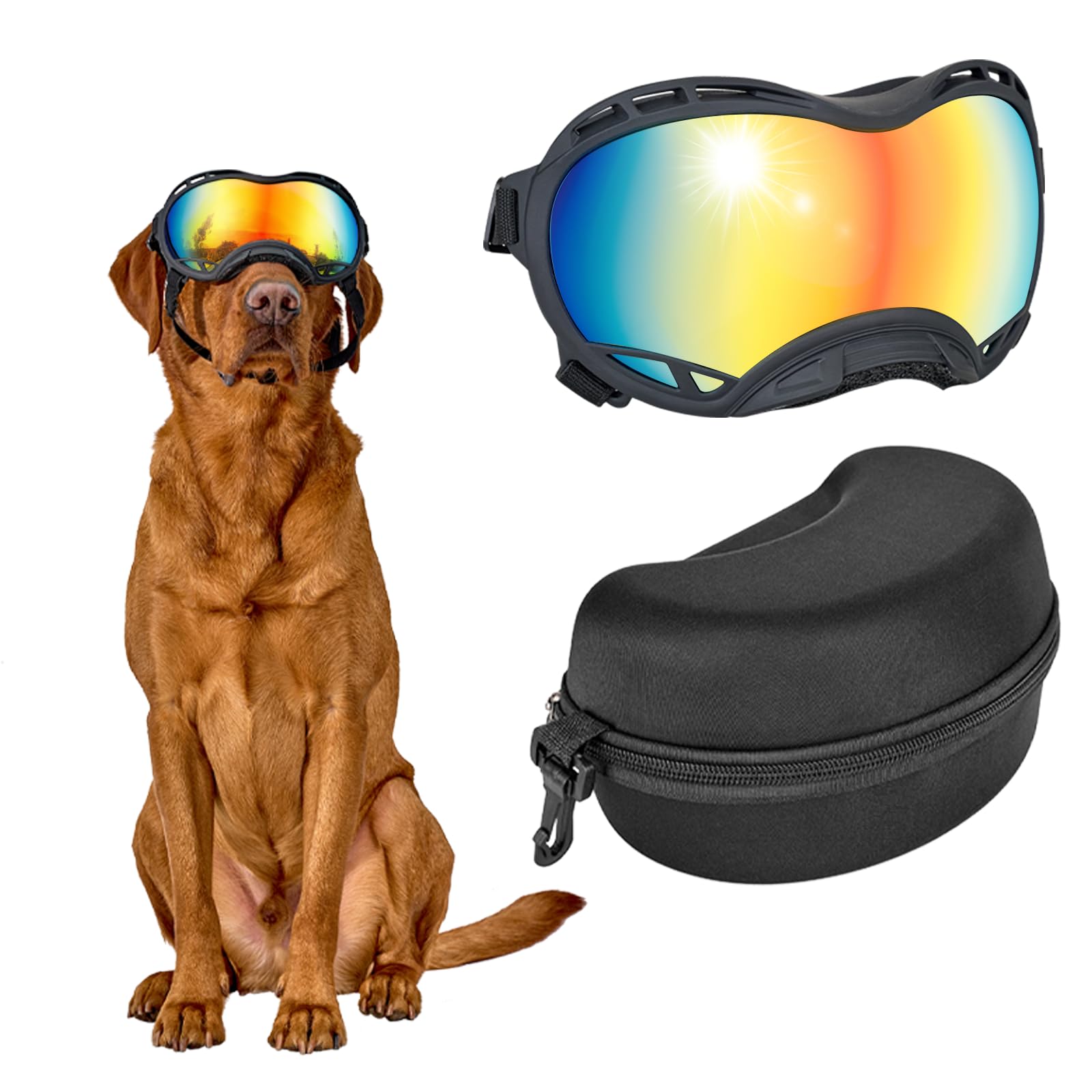 OneTigris Okulary przeciwsłoneczne dla psów, ochrona UV400, wiatroszczelne i pyłoszczelne, trwałe i wygodne, regulowane, w stylu taktycznym