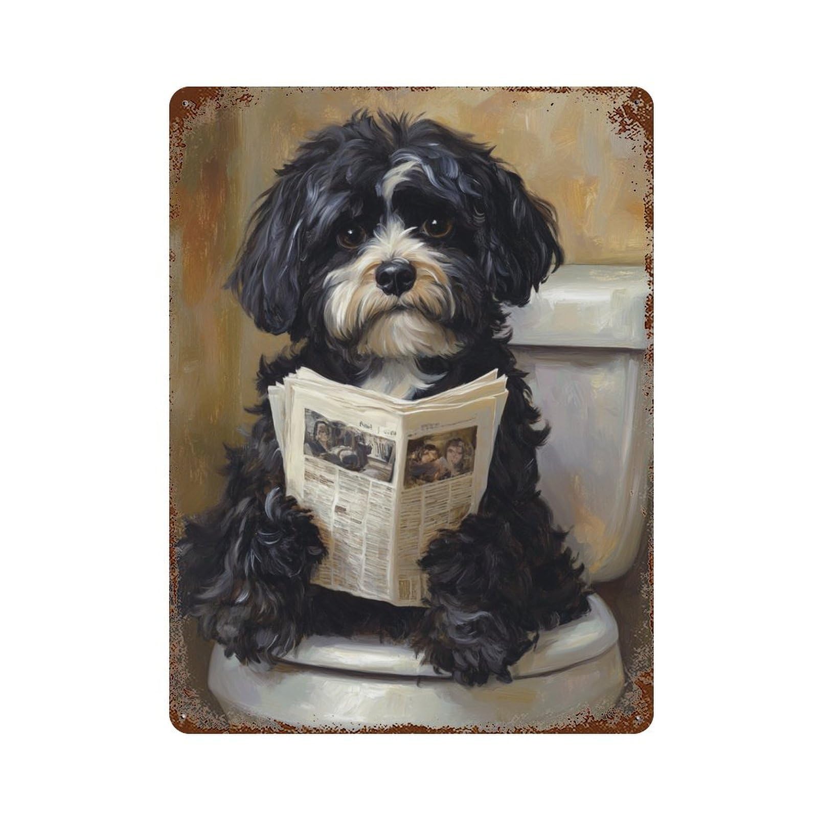 Dog Reading Newspaper on Toilet Decorative Tin Sign 15.7"x11.8", Rustic Home Decor for Cafe, Home Bar And Lounge Decor