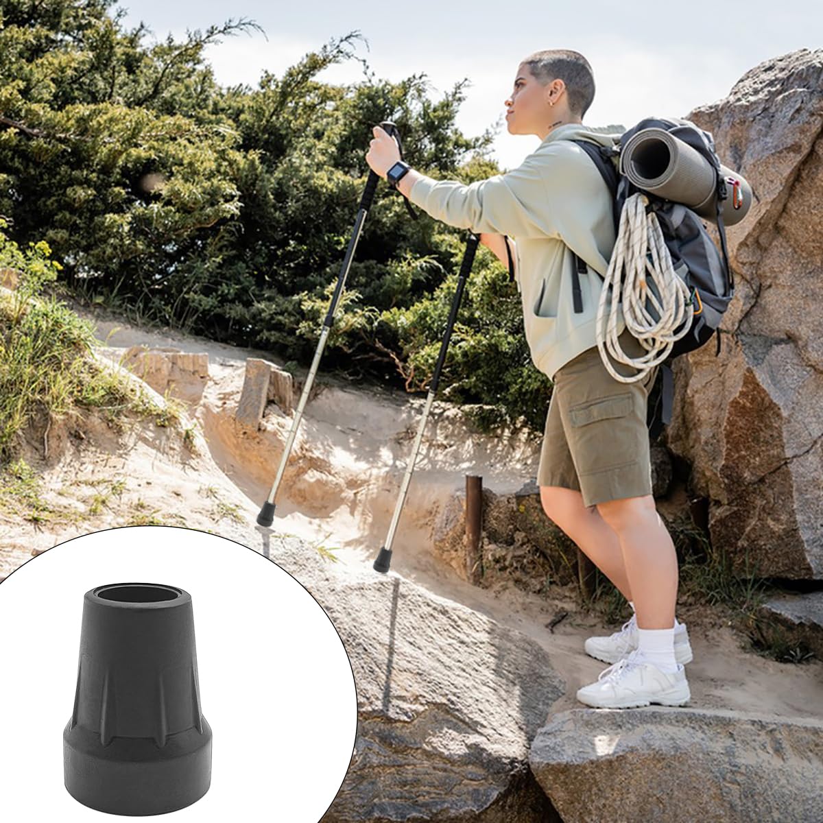 Paquete de 4 puntas de repuesto para bastón, puntas de goma para bastones, bastones de caminar, accesorios para bastones de caminar (negro, punta de 3/4 pulgadas)