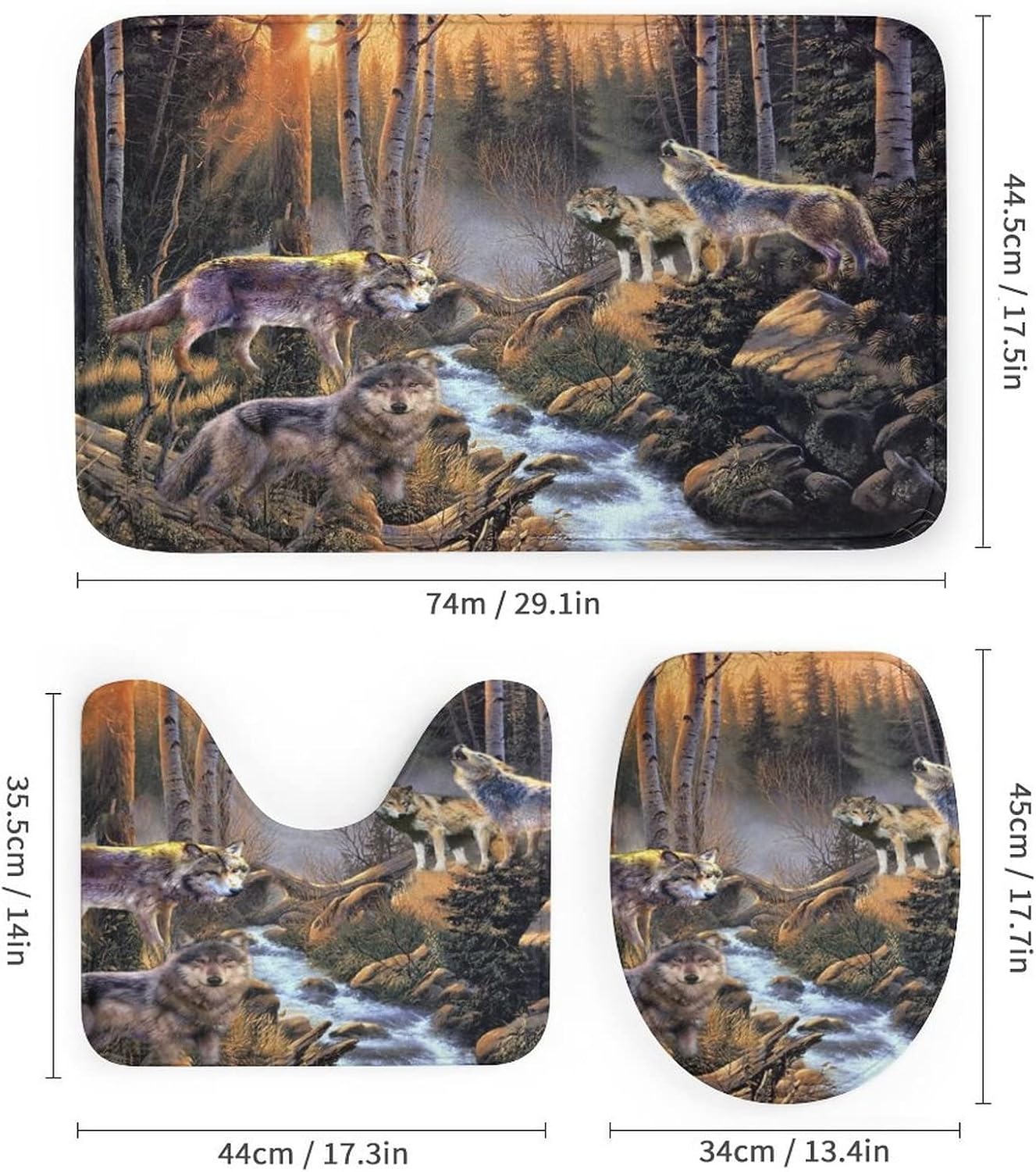 Vintage Wolf 4 Piece Shower Curtain Sets, Non-Slip Rugs, Toilet Lid Cover and Bath Mat, Durable and Waterproof, for Bathroom Decor Set One Size