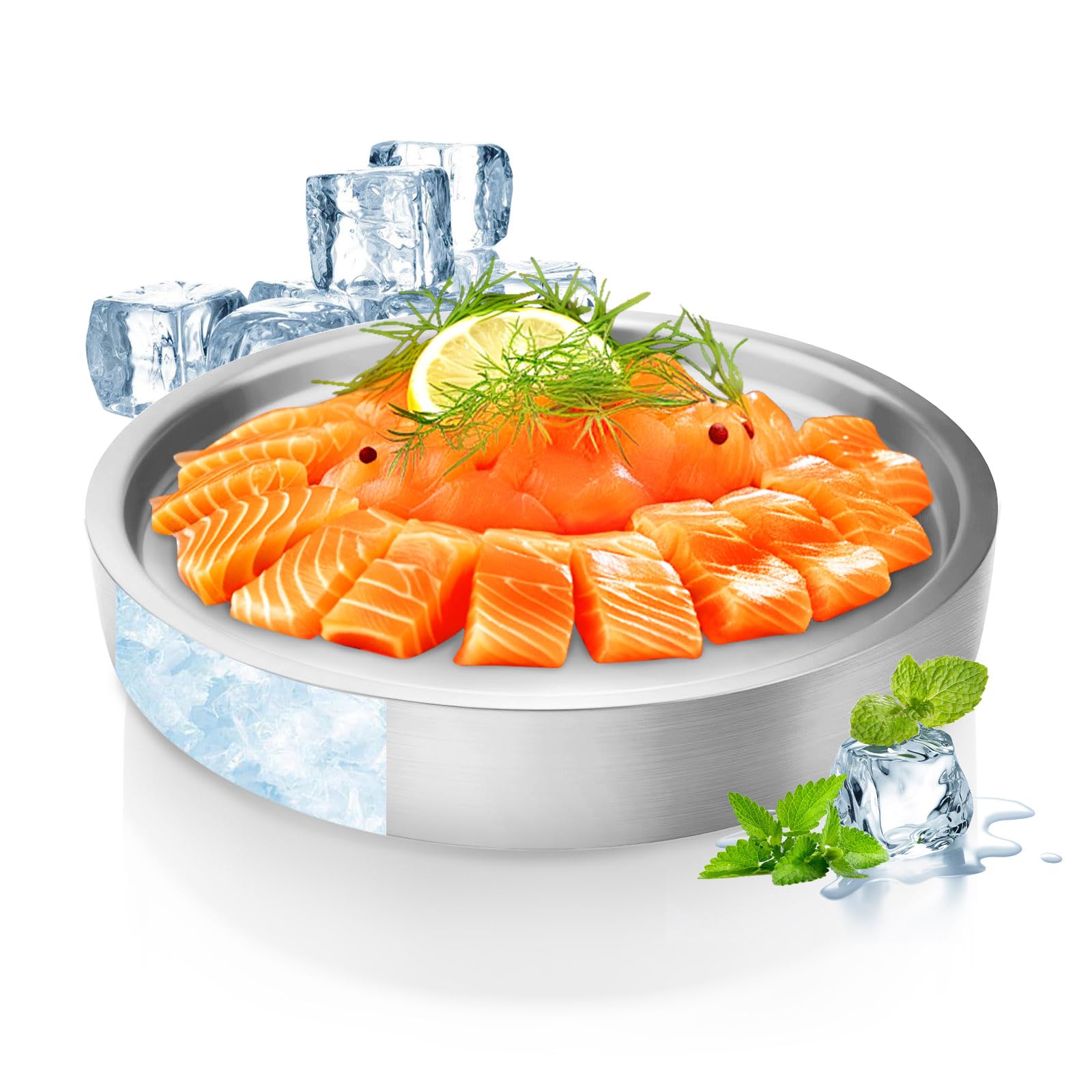 9.4" Stainless Steel Chilled Serving Trays for Parties Containers, Round Silver Ice Tray for Food Buffet Bowls Box Platter Server Cold Ice Vegetable Fruits Snacks Shrimp Cocktail Fridge (Silver)