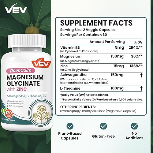 Miniatura 2 de VEV DeepCalm Suplemento de magnesio y zinc con vitamina B6, Ashwagandha y L-teanina, suplementos de cortisol para el equilibrio diario, 120 cápsulas