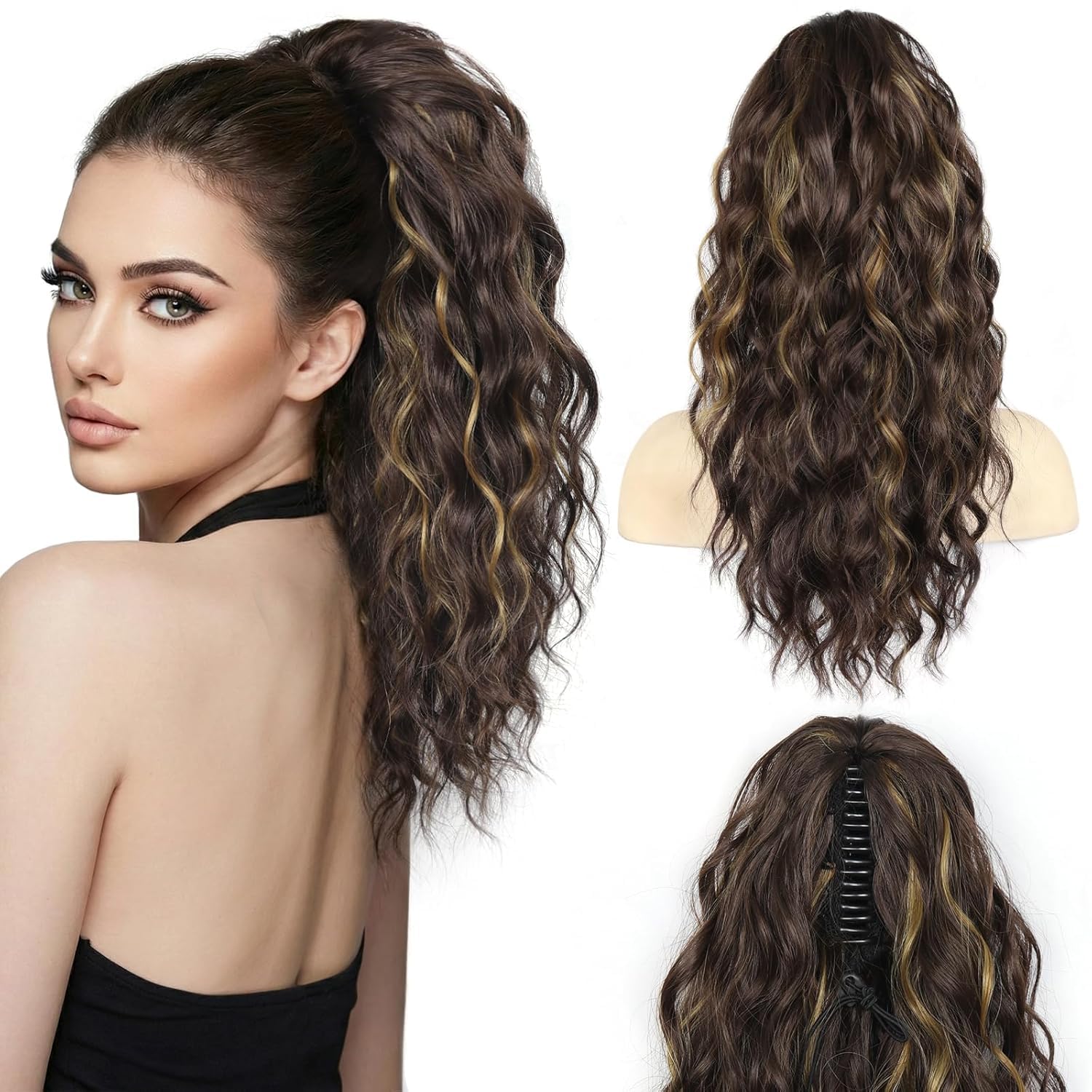 Curly Claw Clip With Drawstring Ponytail Hair Extension, Long Wavy, Dark Brown With Highlights Color, Synthetic, 20 Inch, 170g, Natural Looking-picture-52
