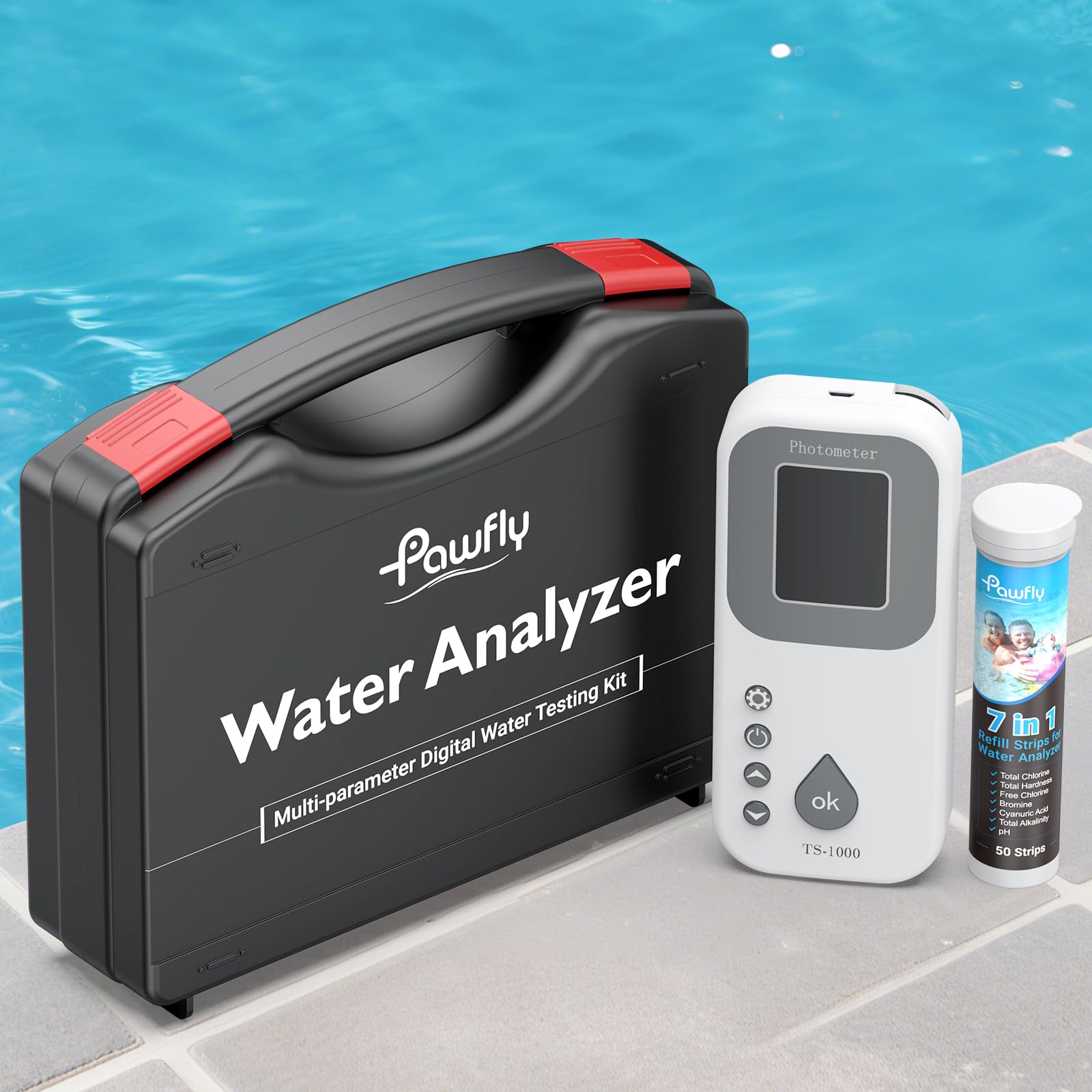 Pawfly 7 in 1 Kit Test Digitale Acqua 50 Strisce Tester per pH Durezza Totale Cloro Totale Cloro Libero Alcalinità Acido Cianurico e Bromo per Piscina e Idromassaggio