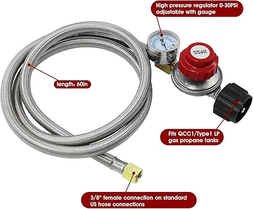 Miniatura 4 de MENSI Regulador de propano ajustable de alta presión de 0-30PSI con manguera trenzada de 60 pulgadas para cocina de fundición, olla de pavo