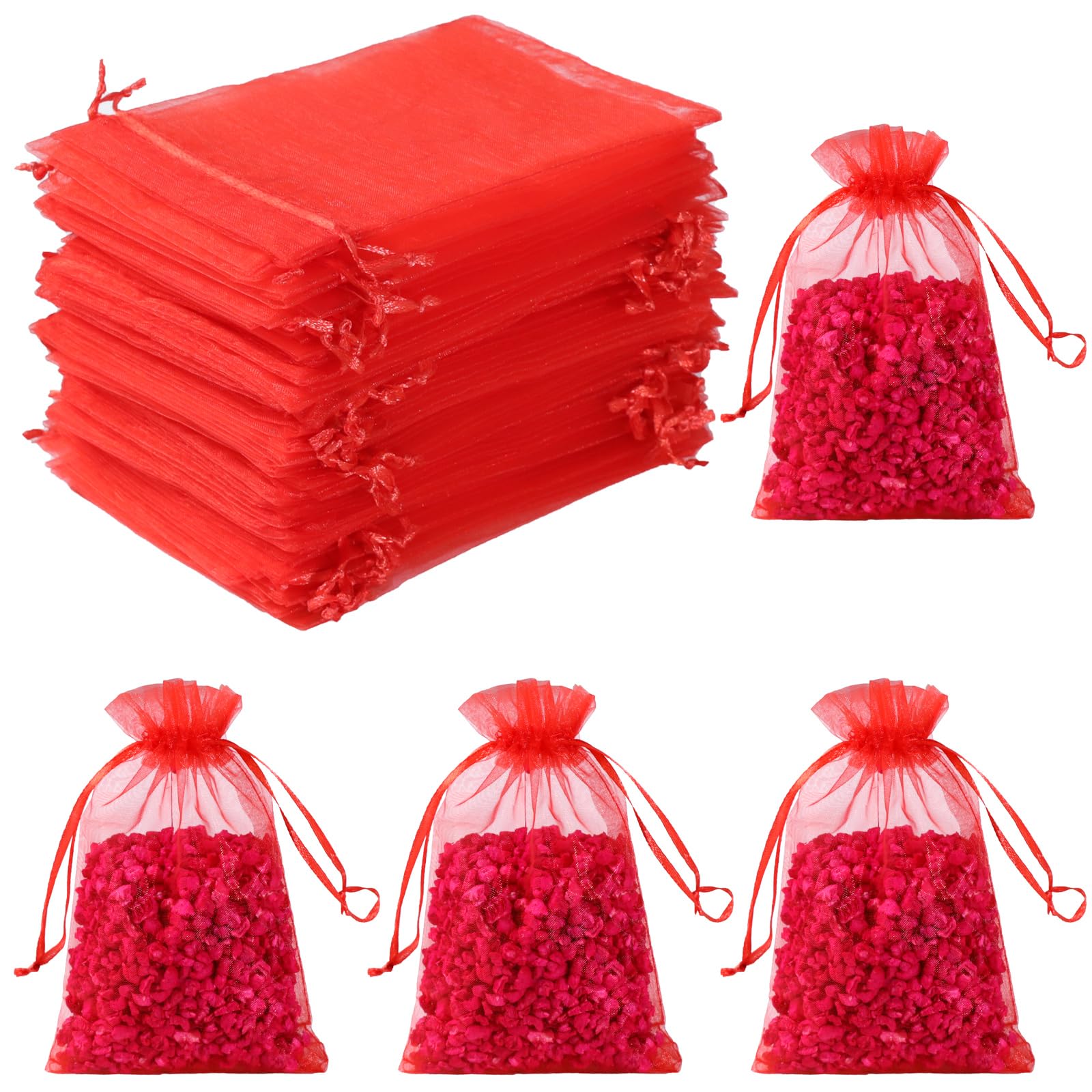 Hopttreely 50pcs Organza Gift Bags, Red Jewelry Gift Bags, 4x6inch Wedding Favor Bags with Drawstring, Small Mesh Gift Pouches Mini Candy Bags for Valentienes Party