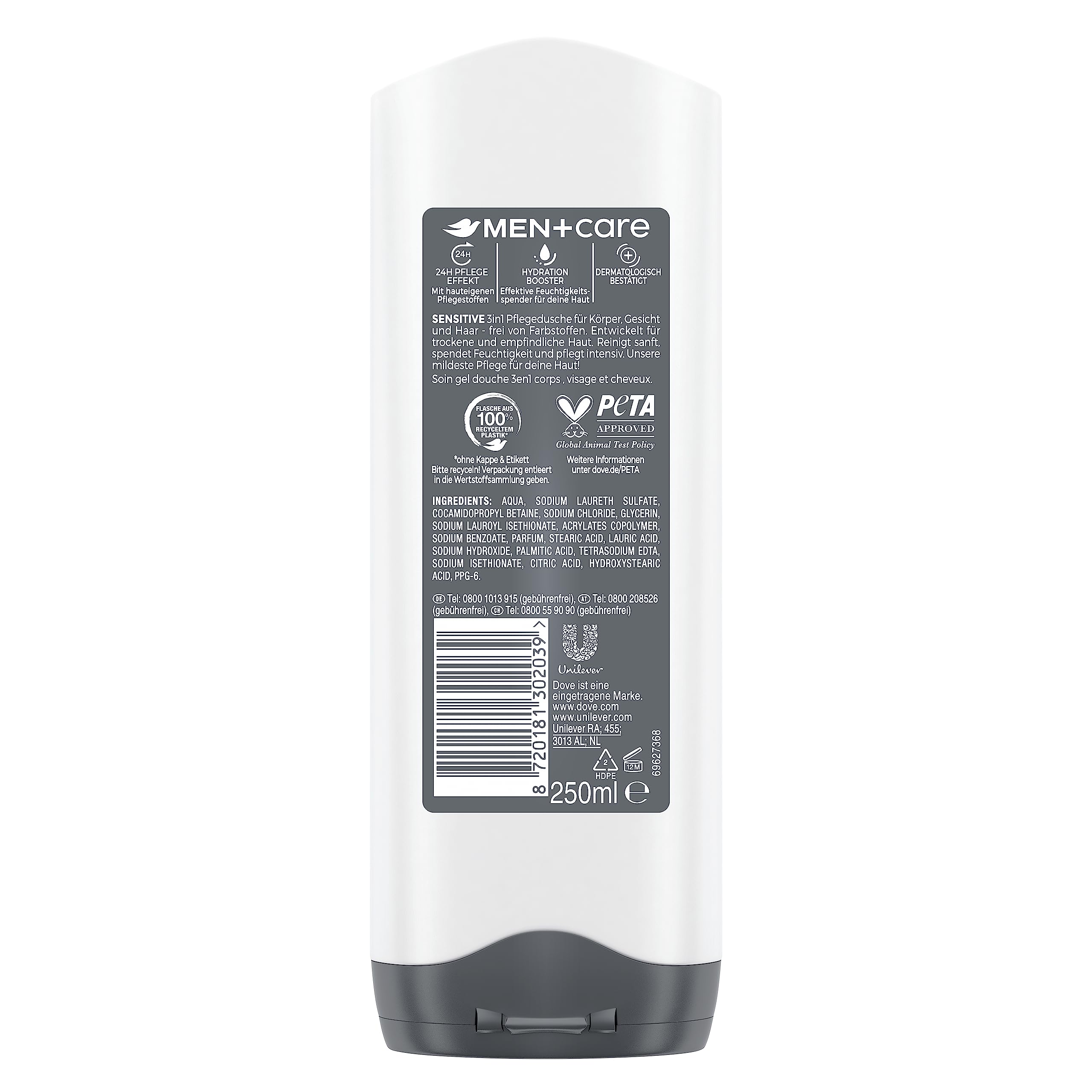 Dove Men+Care żel pod prysznic 3 w 1 Sensitive żel pod prysznic do ciała, twarzy i włosów do skóry wrażliwej, 250 ml