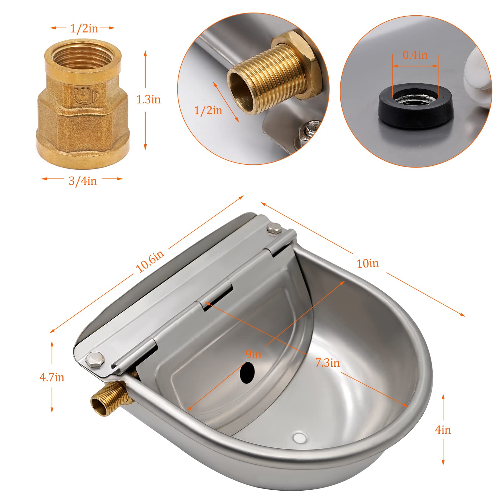Abreuvoir Automatique en Acier Inoxydable avec Flotteur de Valve en Laiton, Connecteur en Laiton et Bouchon de Vidange Abreuvoir pour Bétail, Chien, Chèvre, Cochon