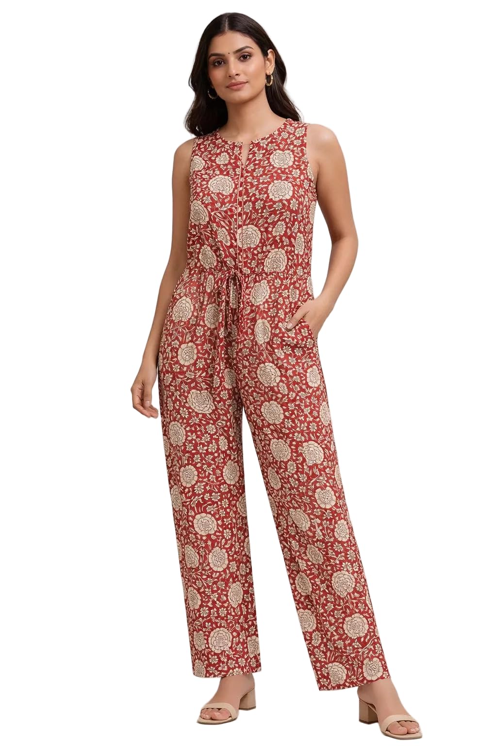 Women's Cotton Kalamkari Hand Block Printed Jumpsuit, Sleeveless Floral Ethnic Casual One Piece Outfit, Red-picture-36