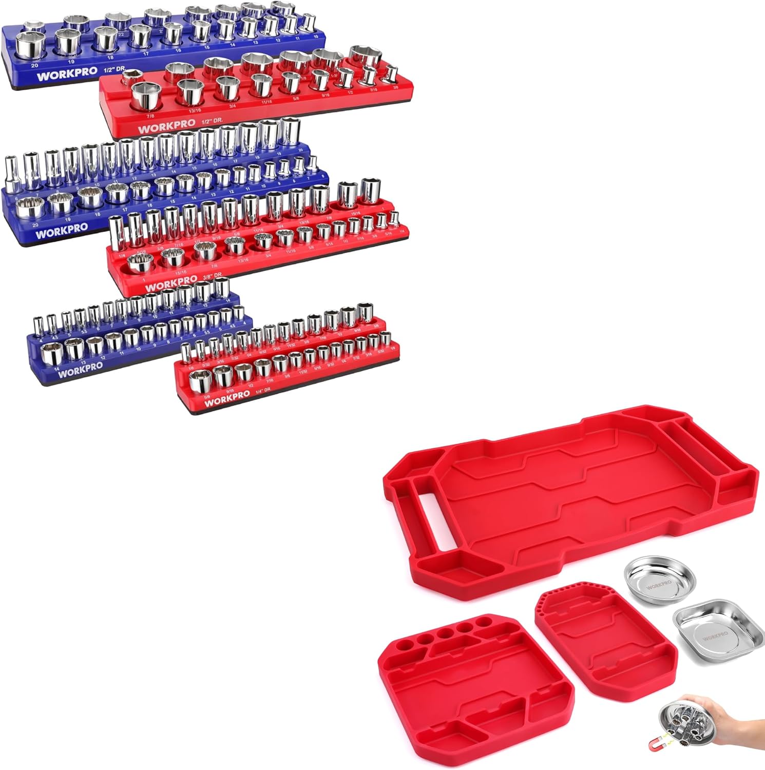 WORKPRO Magnetic Socket Organizer Set & Non-Slip Tool Tray Set