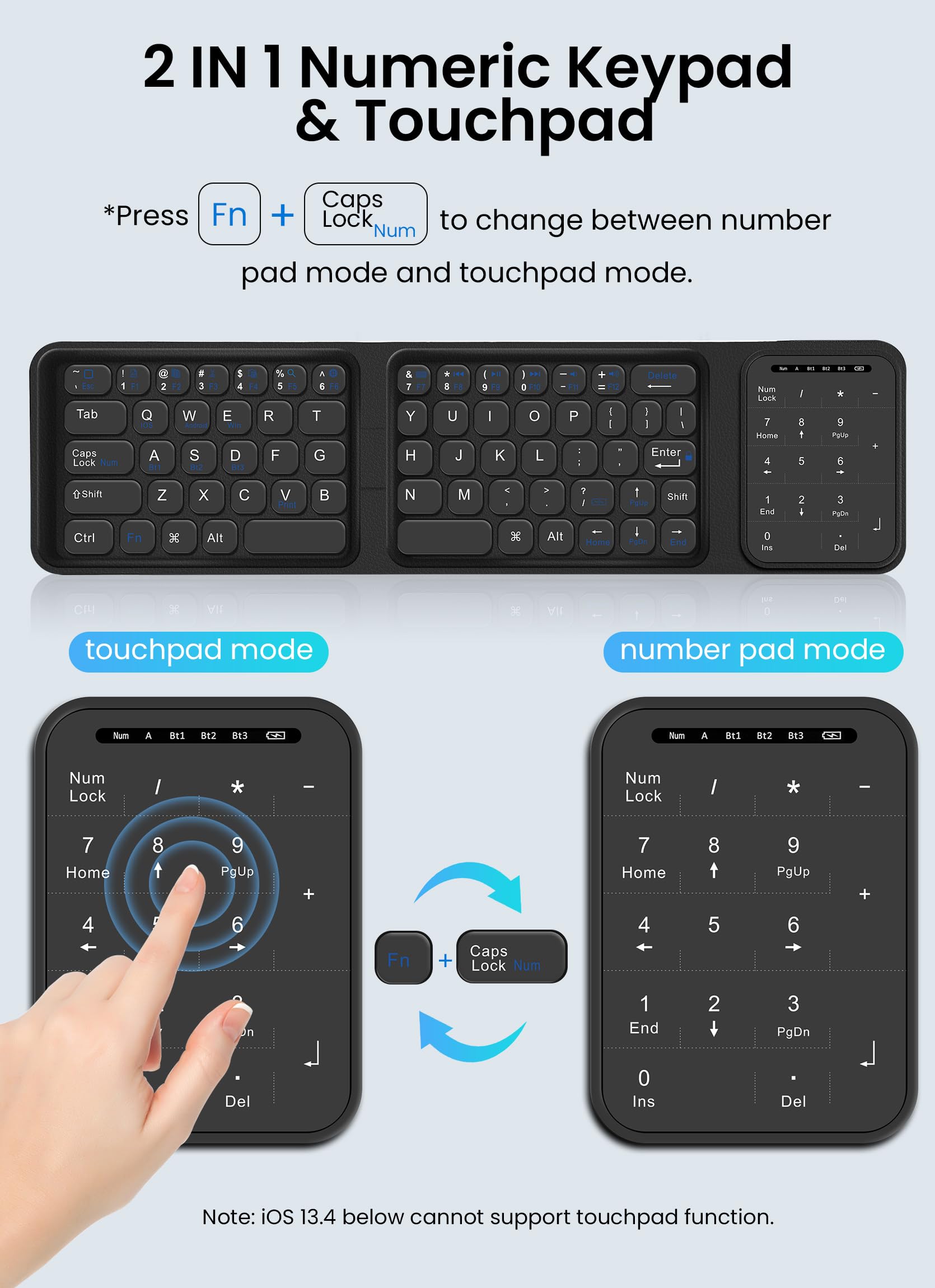 Clavier Bluetooth pliable sans fil avec pavé tactile et pavé numérique, clavier de voyage portable pour iPad, tablette, smartphone, ordinateur portable, PC, Windows, iOS, Android, noir
