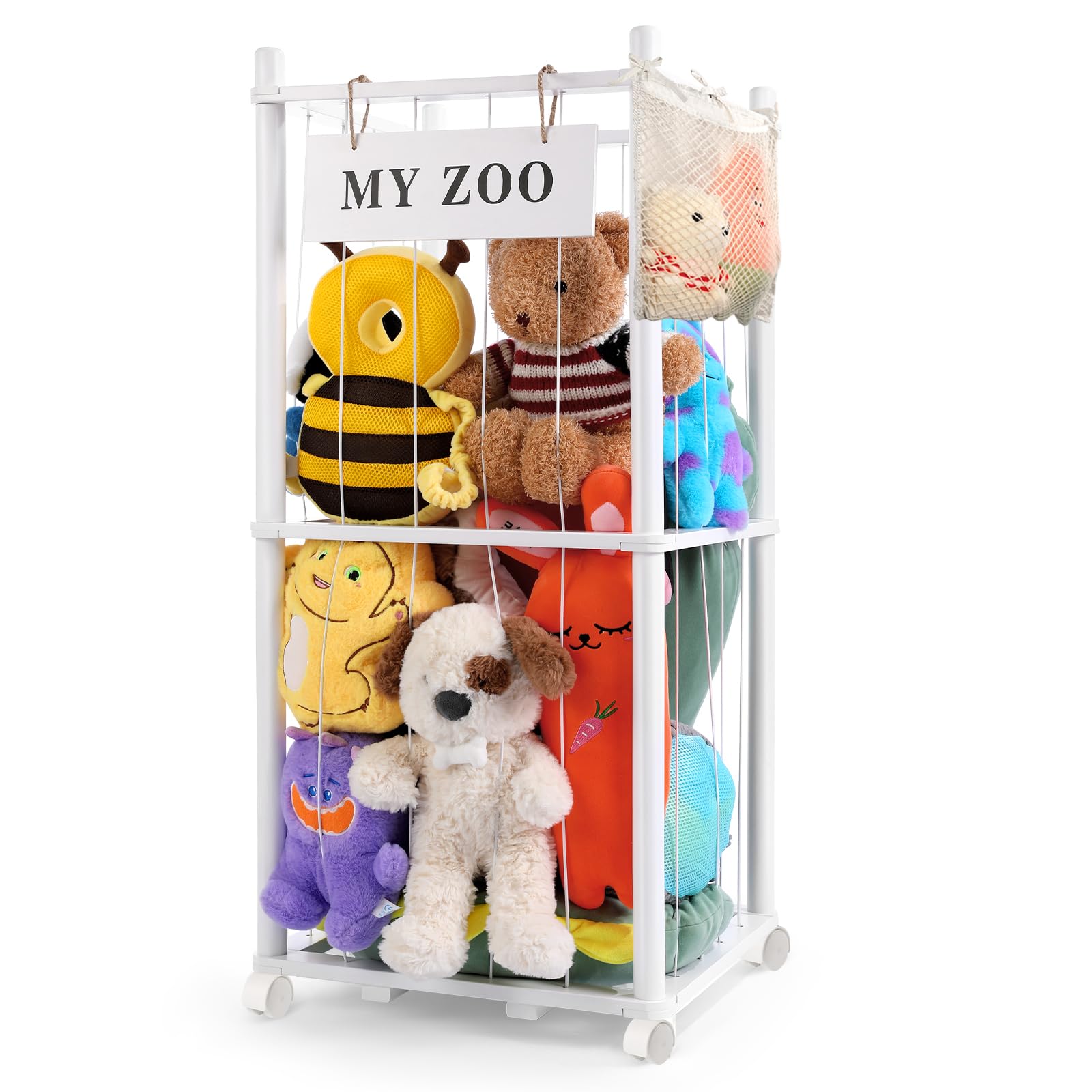 Khlerox White Stuffed Animal Storage Zoo With Wheels, Wooden Stuffed Animal Organizer With Elastic Cords, Space Saving Toy Plushies Storage Holder For Playroom, Bedroom, Living Room(, Small)