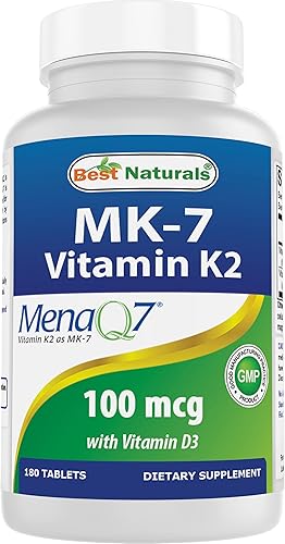 Best Naturals Vitamina K2 (MK7) con suplemento D3 salud ósea y cardíaca (5000 UI de vitamina D3 y 100 mcg de vitamina K2 MK7), 180 tabletas