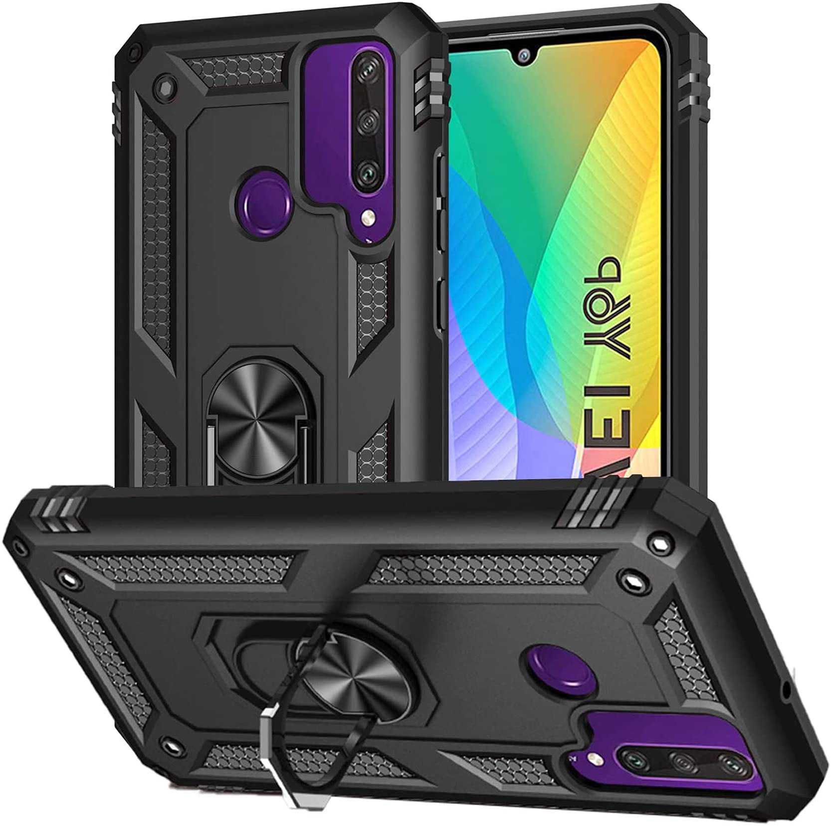 Case for Huawei Y6p 2020/Honor 9A with Tempered Glass Screen Protector,Ring Holder Protective Silicone Shockproof Tough Armor Hard Phone Cover,Black