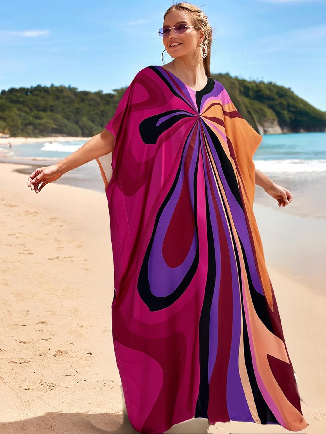 RanRui Floral Print Kaftan Dresses for Women Ethnic Boho Print swim cover up Batwing Sleeve Vneck Caftans - Image 2