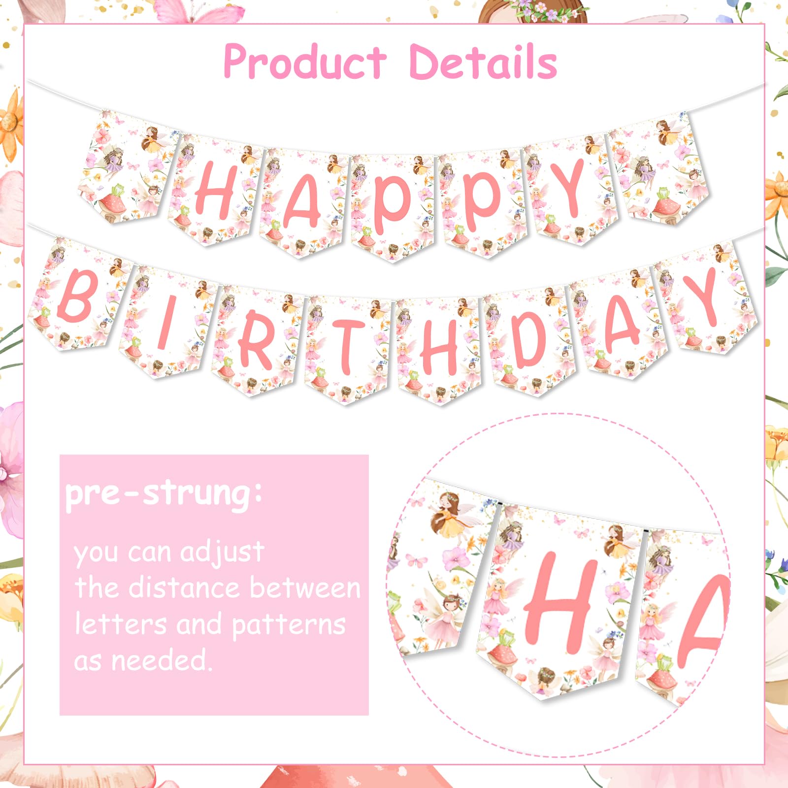 Fairy Geburtstag Banner Für Mädchen – Feengarten Yard Schild Mit Blumen & Feen Für Outdoor-Partydeko | Pink, 3x0,5m