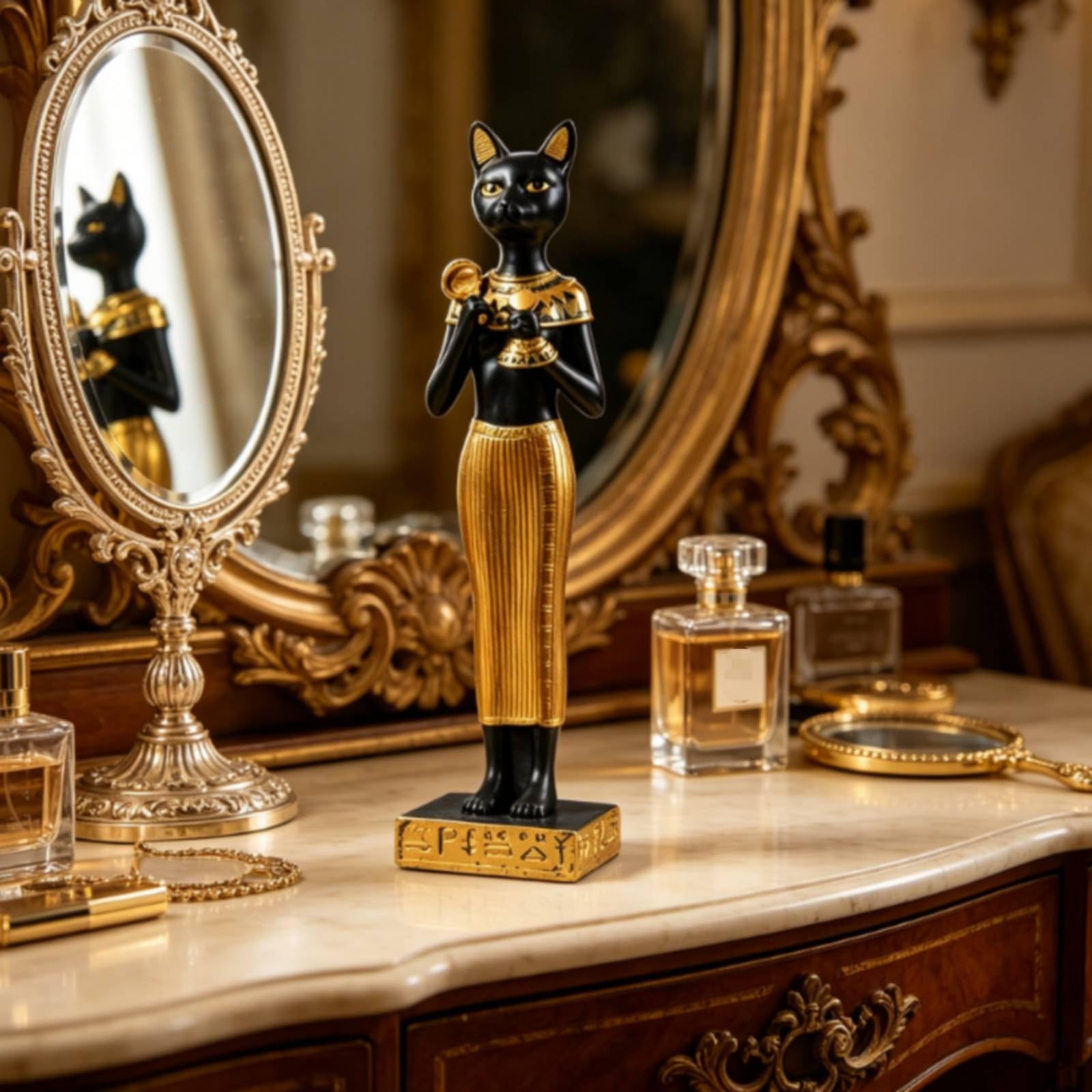 Statua Decorativa Gatto Bastet Ornemento in Resina con Accenti Dorati E Slanciata Base Rettangolare Stile per Interno Ufficio Studio Adatta a Ripiani Consolle Librerie 28.5cm